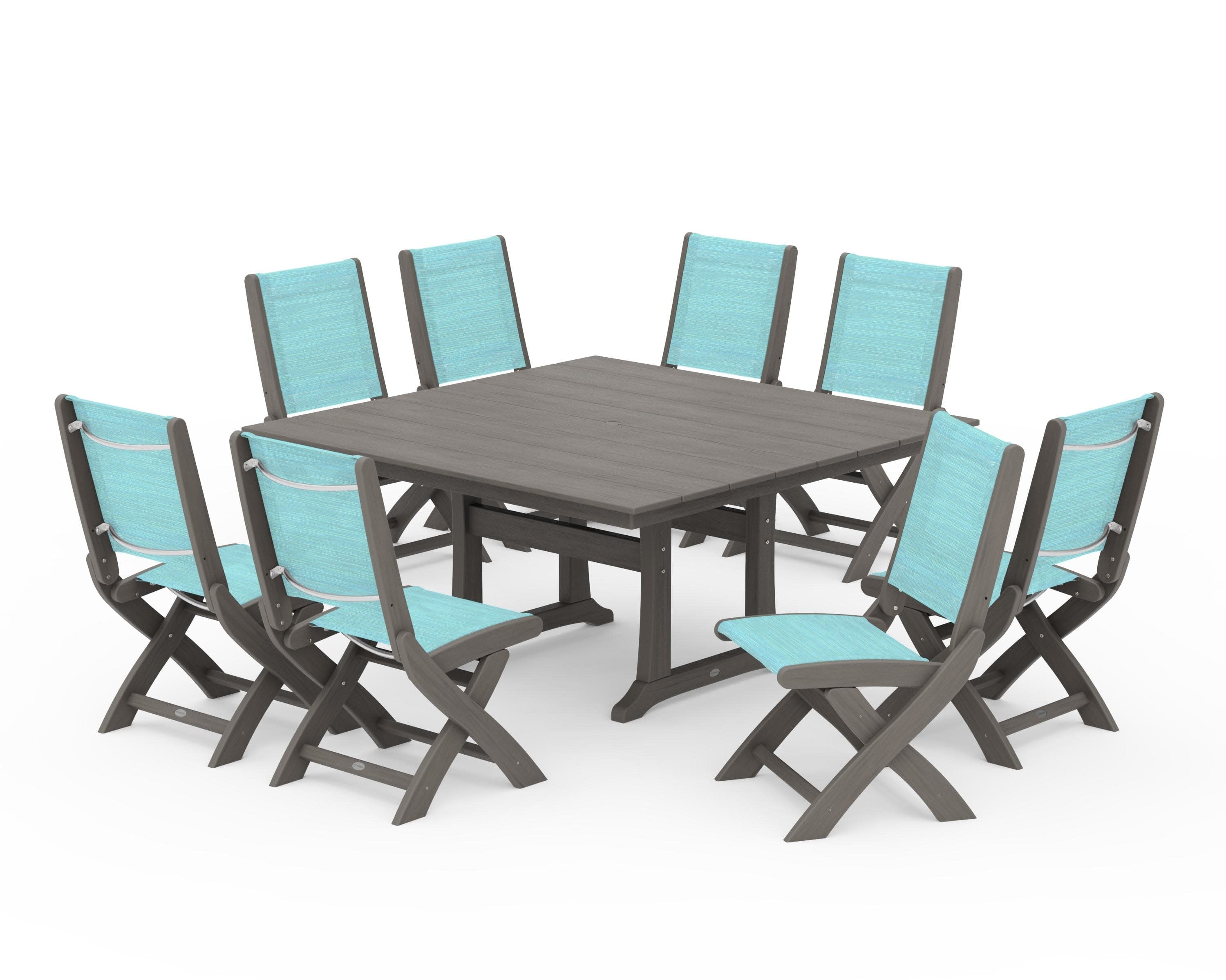 Coastal Folding Side Chair 9-Piece Farmhouse Dining Set in Driftwood / Dupioni Aquamarine Sling
