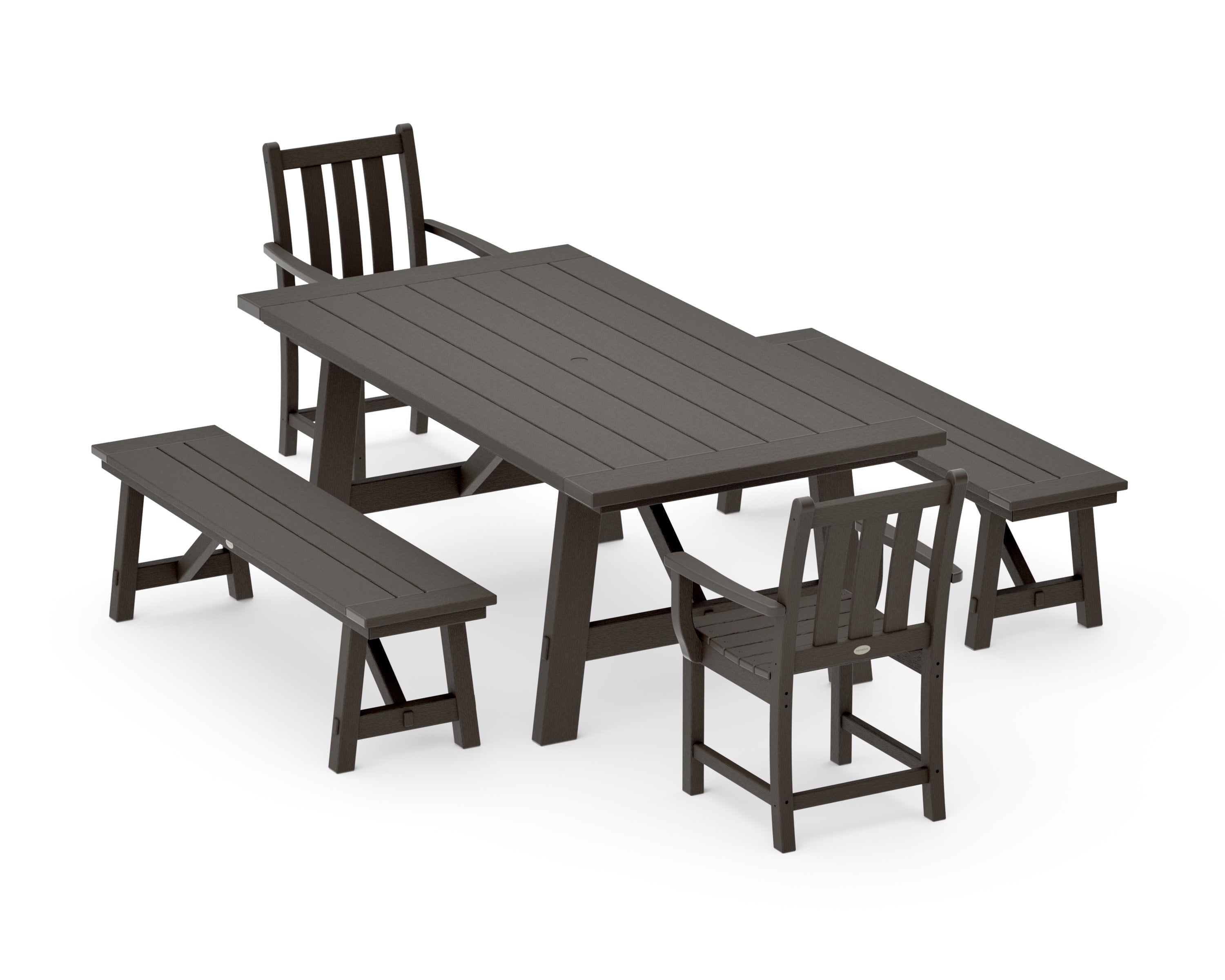 Traditional Garden 5-Piece Rustic Farmhouse Dining Set With Benches in Vintage Coffee