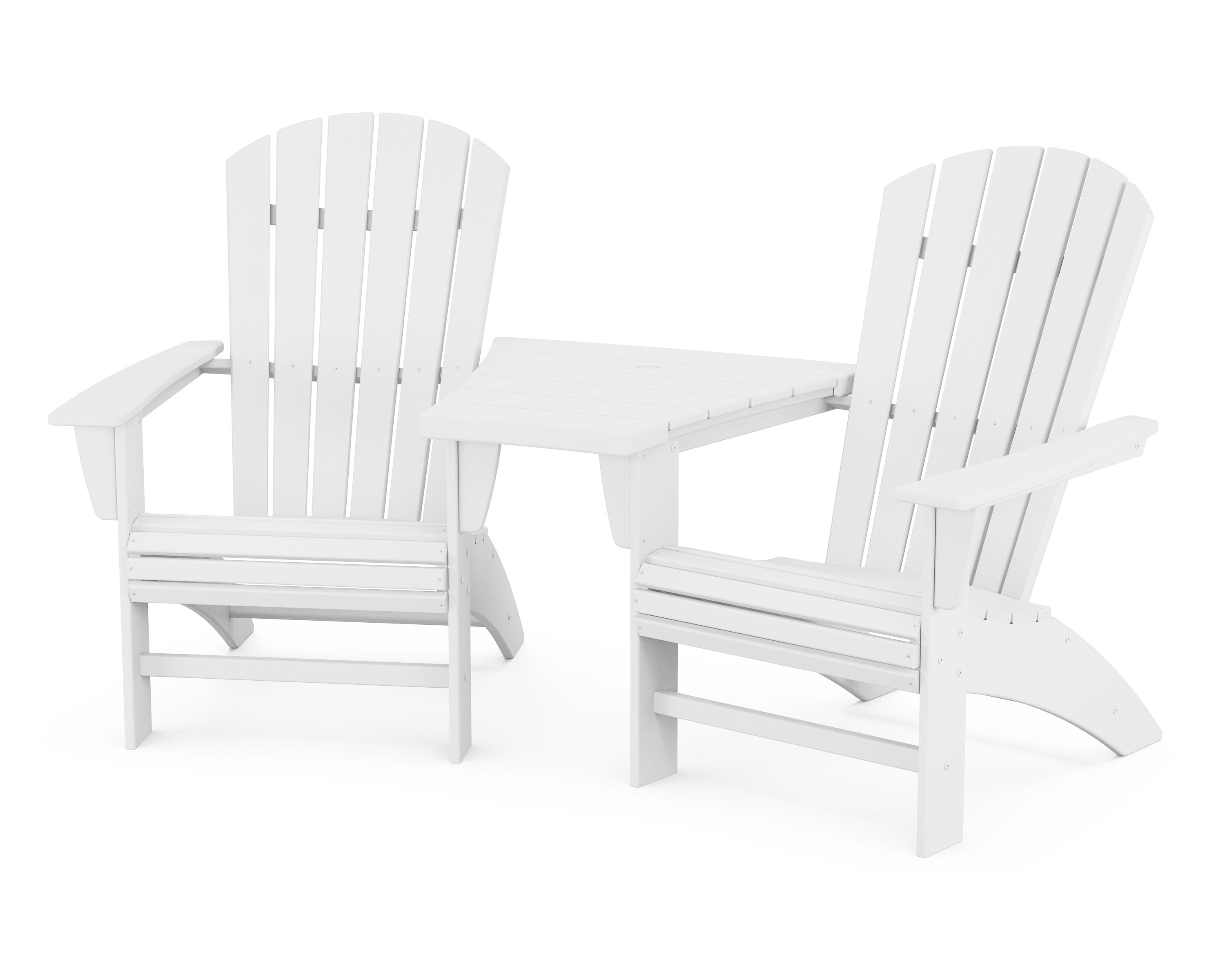 Nautical 3-Piece Curveback Adirondack Set with Angled Connecting Table in White
