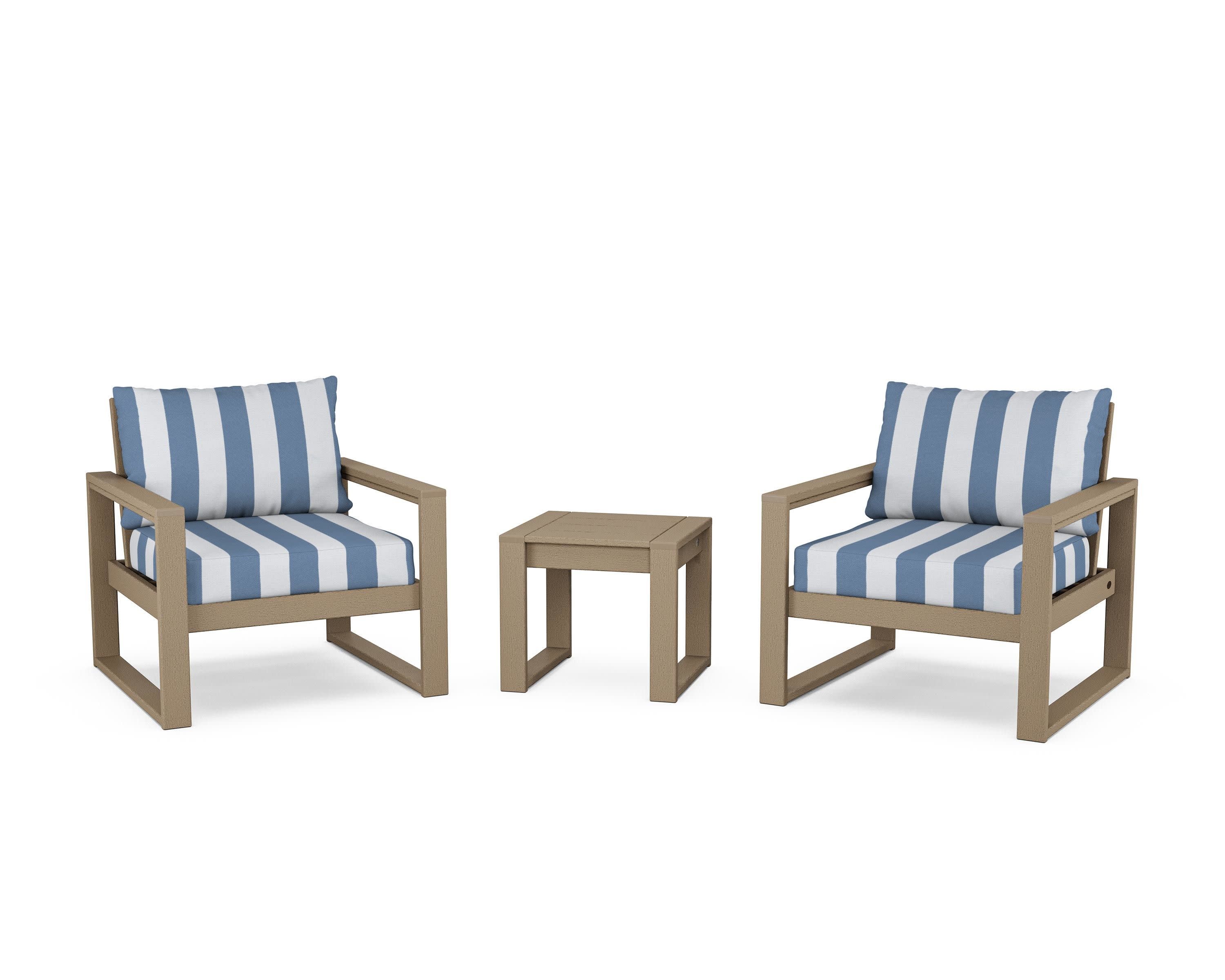 EDGE Sectional 3-Piece Deep Seating Set in Vintage Sahara / Cabana Stripe Sky Blue