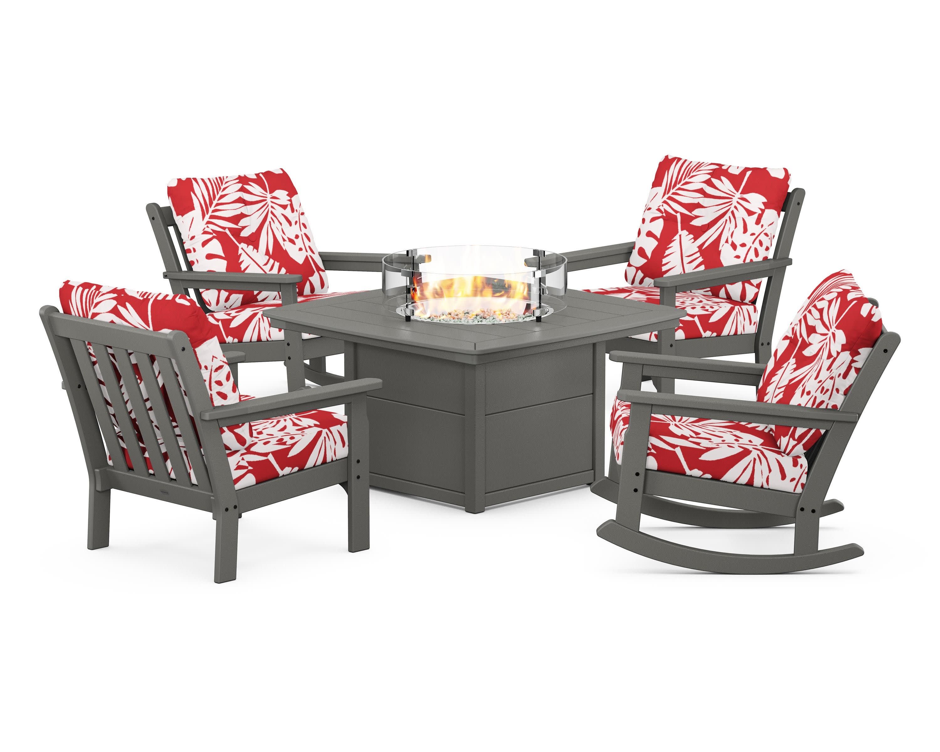 Vineyard 5-Piece Deep Seating Rocking Chair Conversation Set with Fire Pit Table in Slate Grey / Leaf Crimson