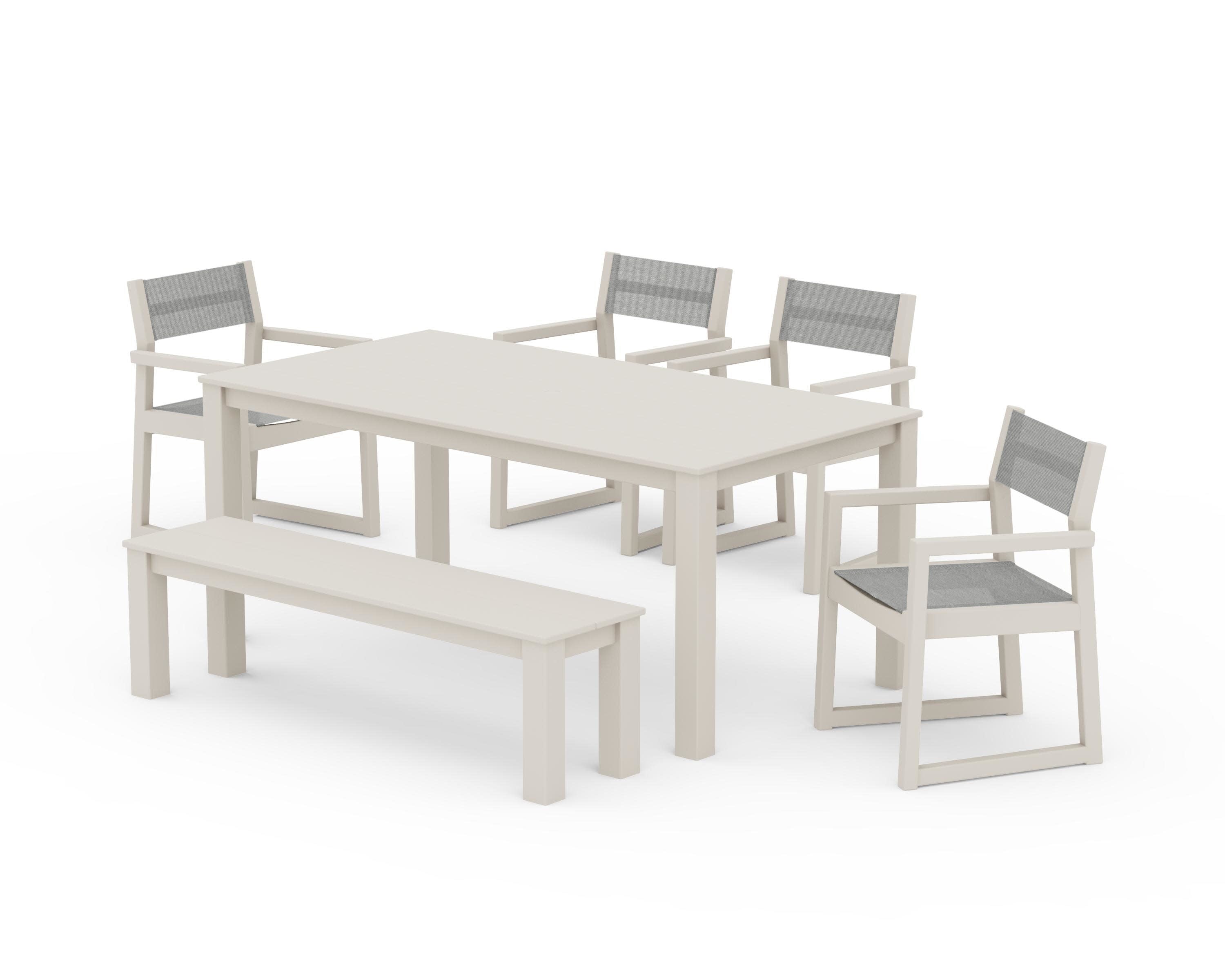 EDGE Sling Arm Chair 6-Piece Parsons Dining Set with Bench in Sand / Metallic Sling