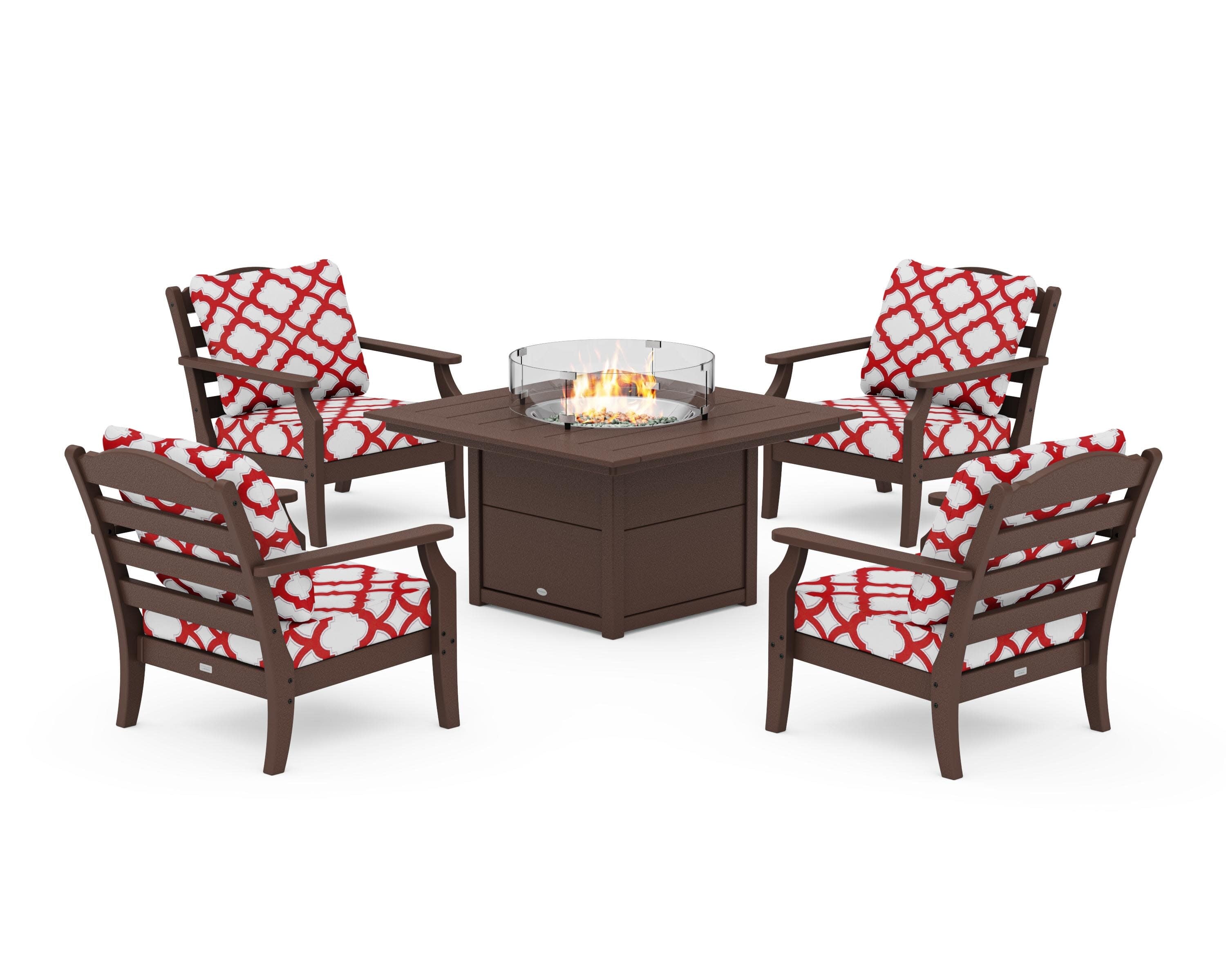 Savannah 5-Piece Deep Seating Set with Fire Pit Table in Mahogany / Trellis Crimson
