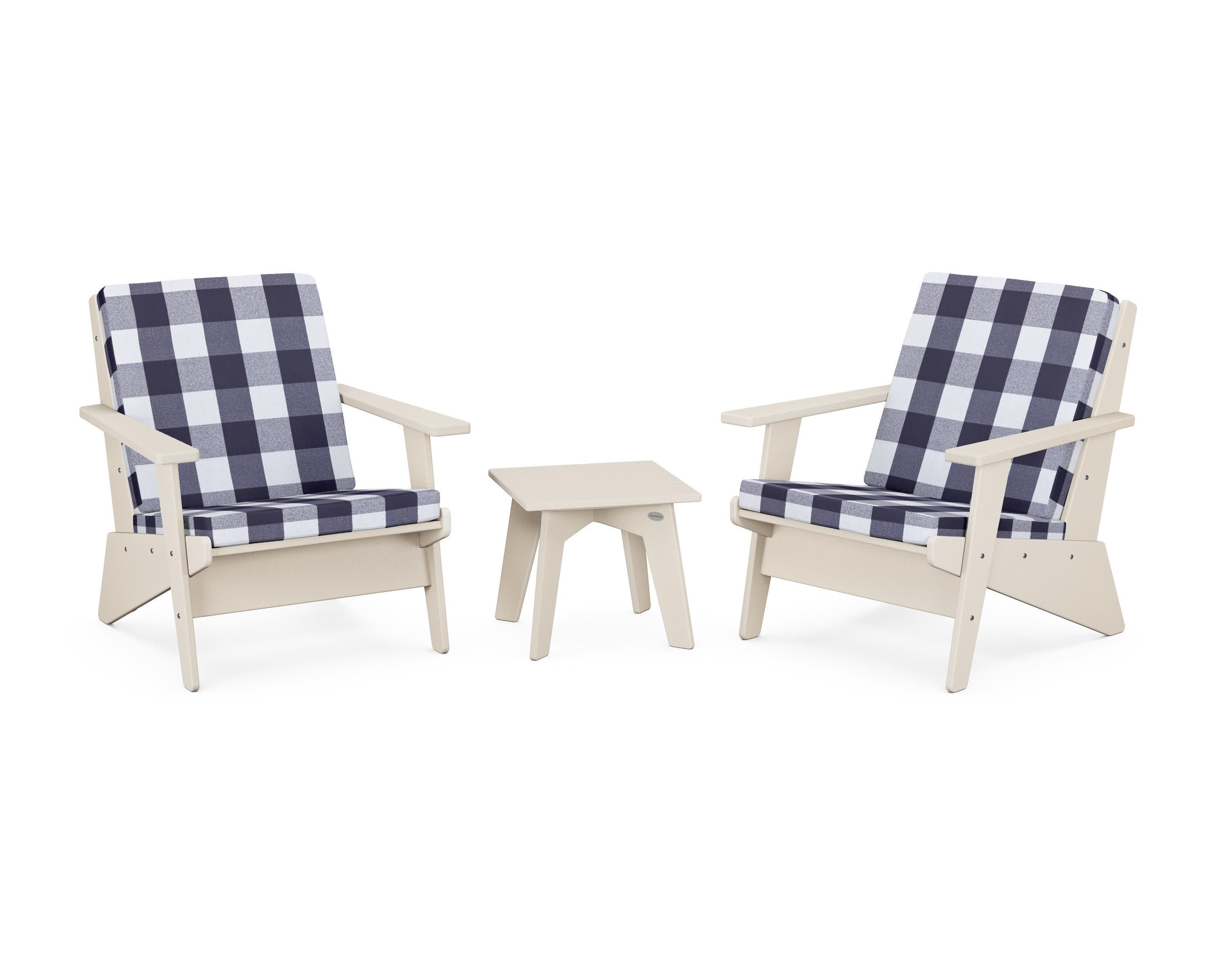 Riviera Modern Lounge 3-Piece Set in Sand / Buffalo Plaid Navy