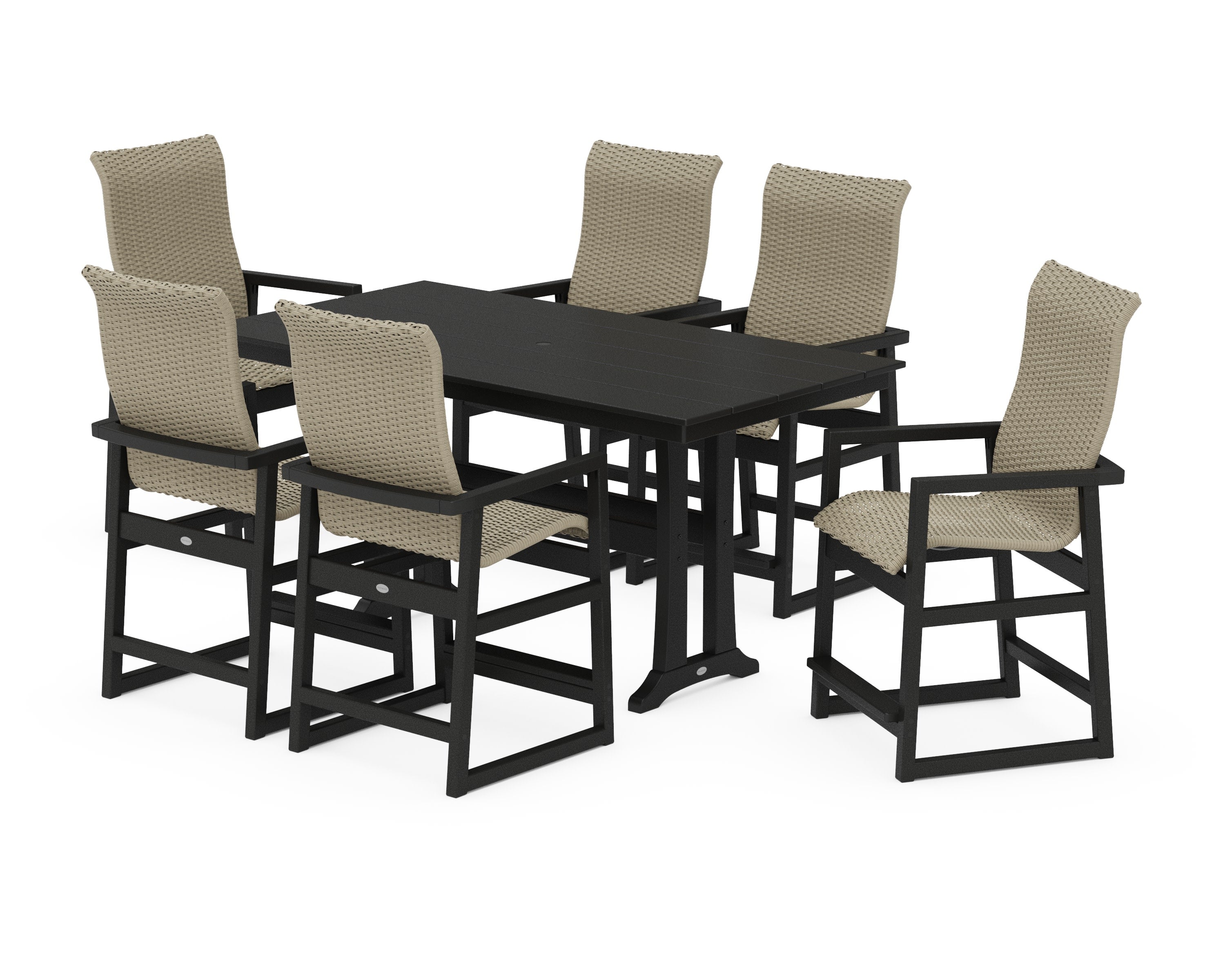 EDGE Woven Highback Arm Chair 7-Piece Farmhouse Counter Set with Trestle Legs in Black / Dune Grass