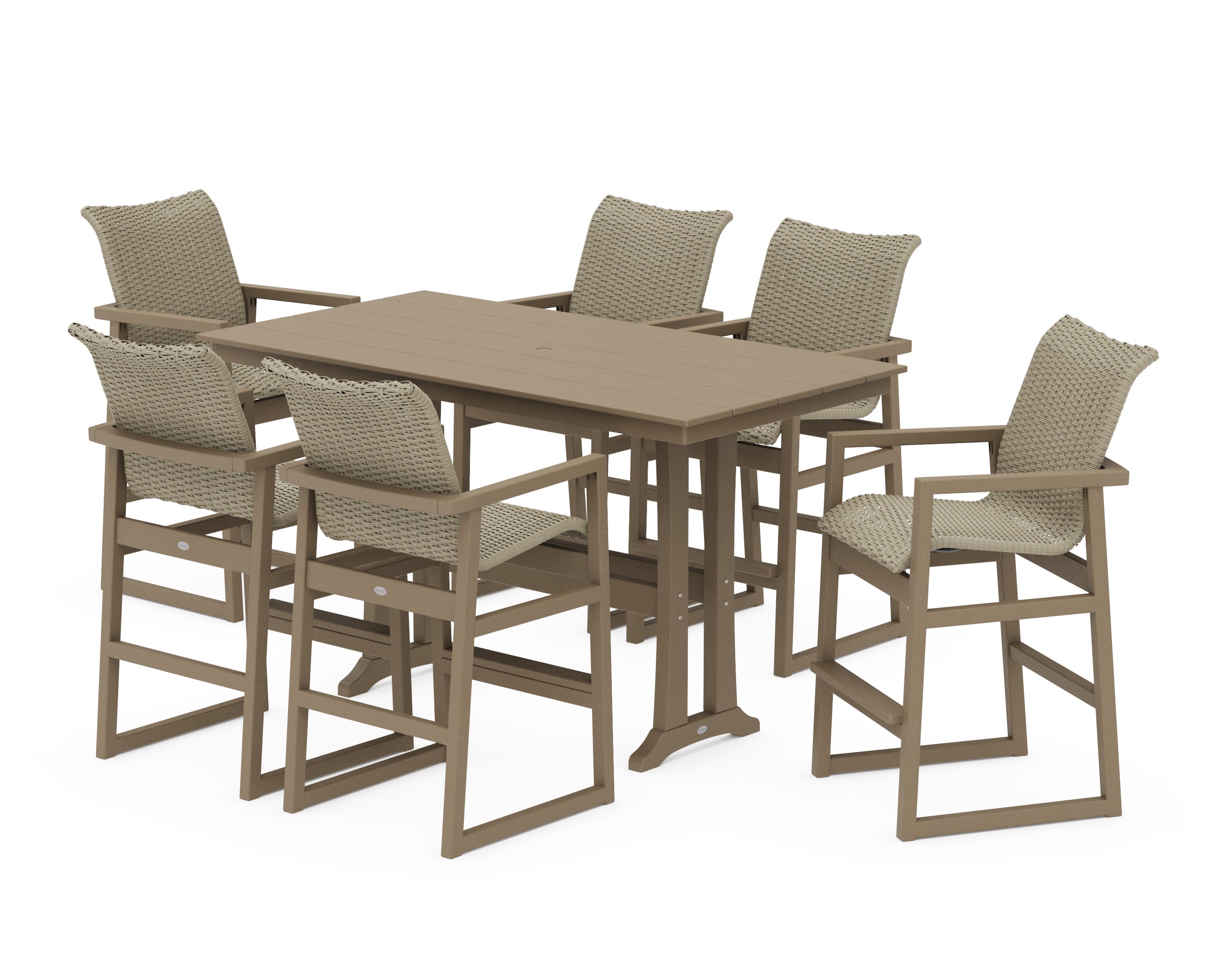 EDGE Woven Arm Chair 7-Piece Farmhouse Bar Set with Trestle Legs in Vintage Sahara / Dune Grass