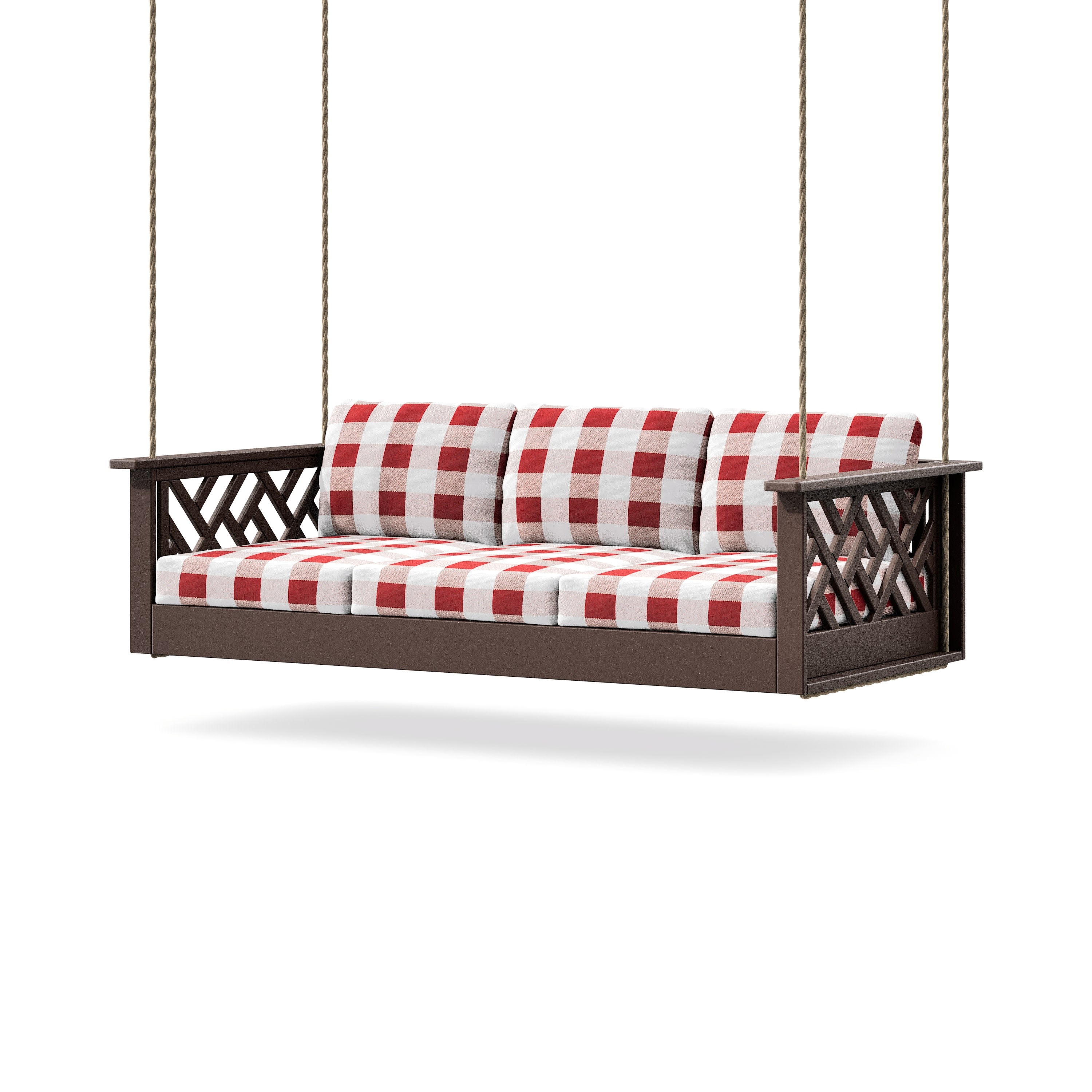 Chippendale Daybed Swing in Mahogany / Buffalo Plaid Crimson