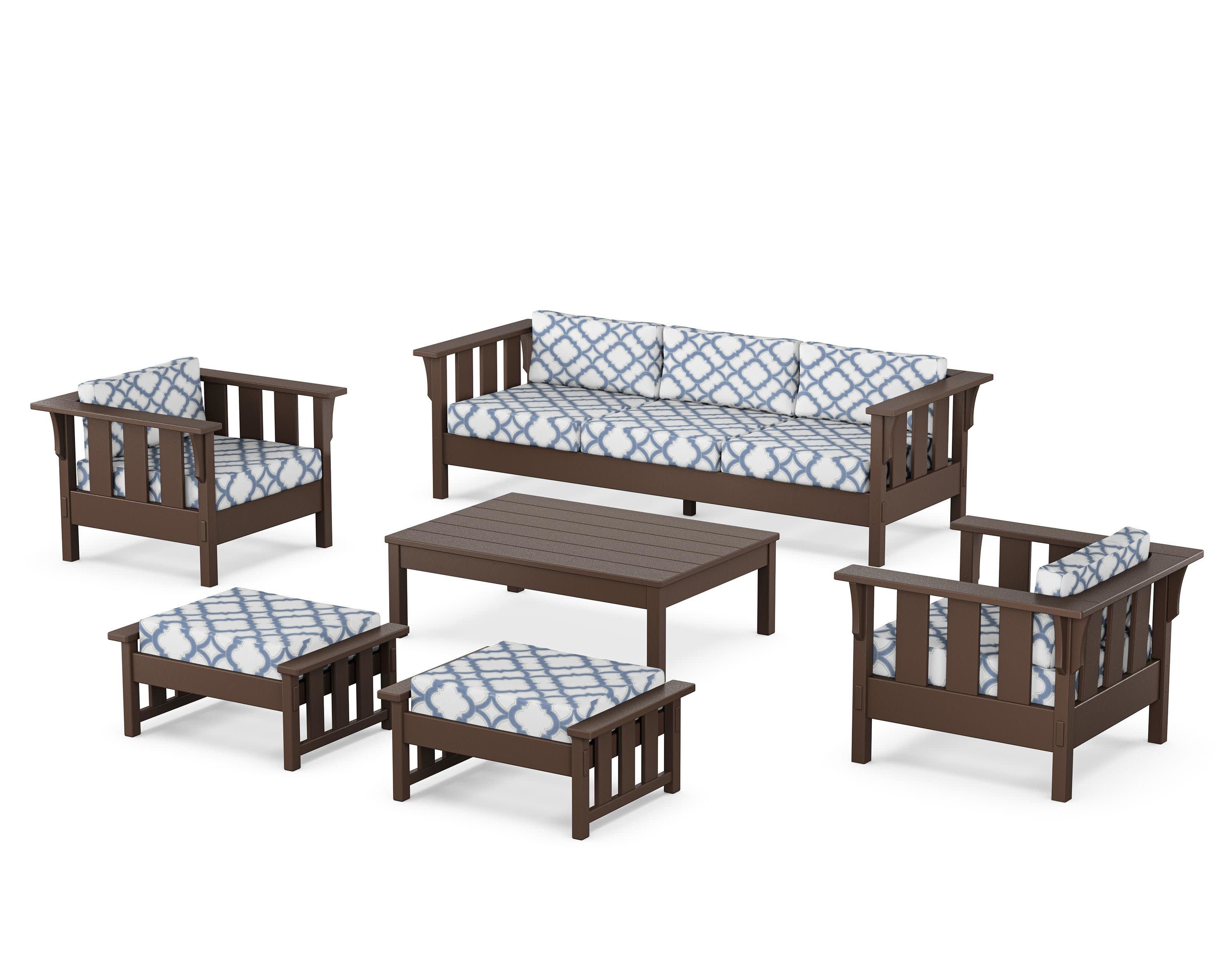 Acadia 6-Piece Lounge Sofa Set in Mahogany / Trellis Sky Blue