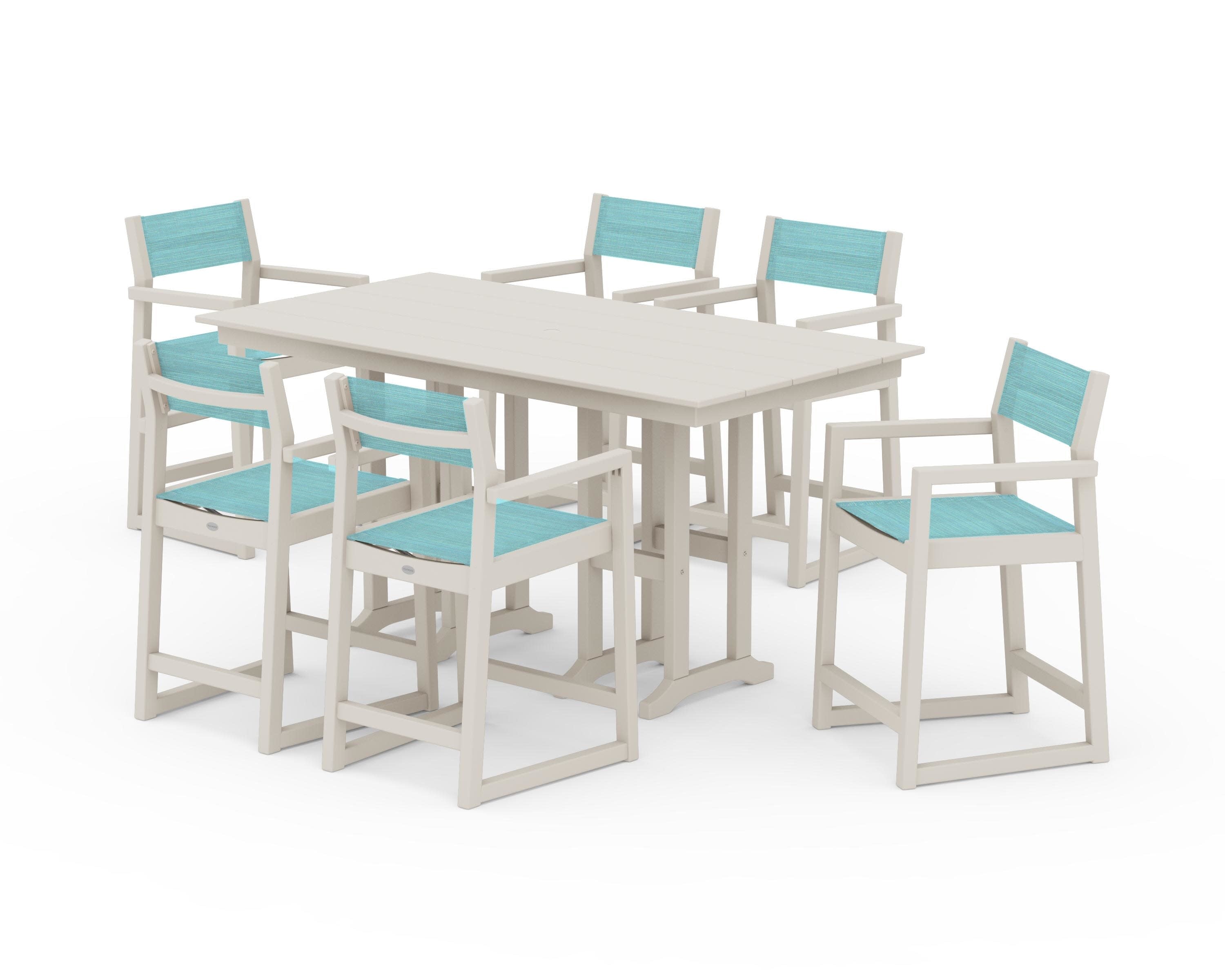 EDGE Sling Arm Chair 7-Piece Farmhouse Counter Set in Sand / Dupioni Aquamarine Sling