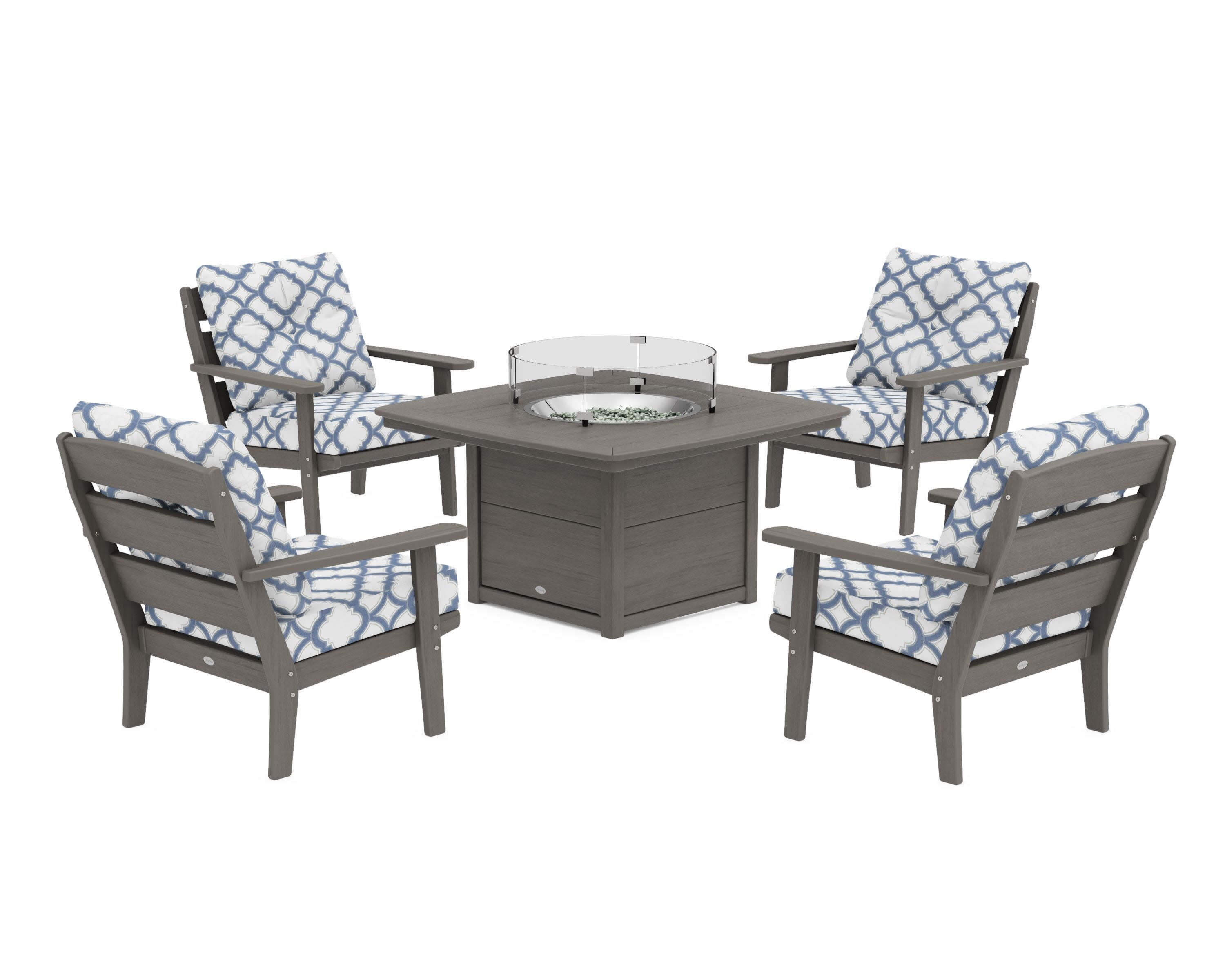 Lakeside 5-Piece Deep Seating Set with Nautical Fire Pit Table in Driftwood / Trellis Sky Blue
