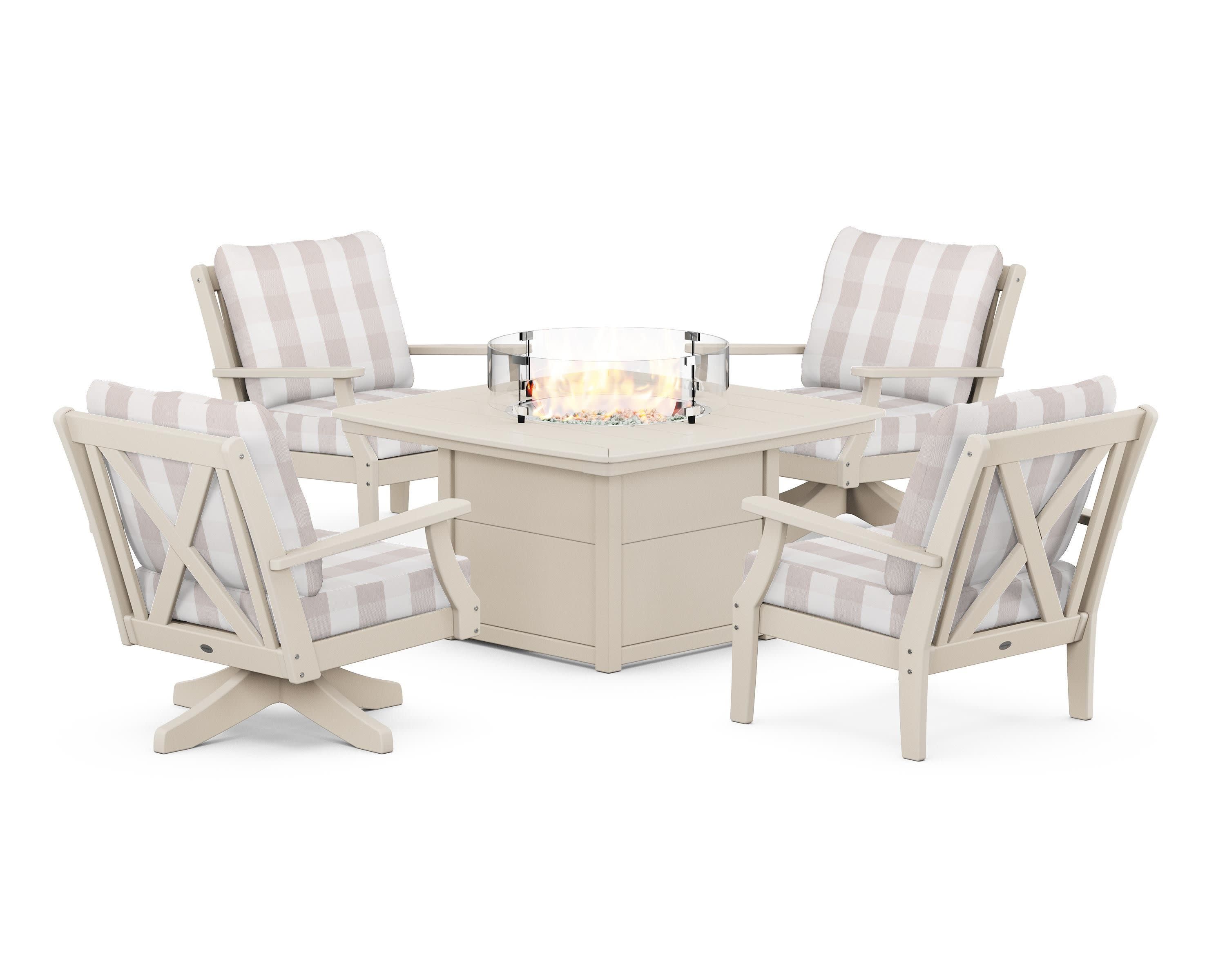 Braxton 5-Piece Deep Seating Set with Fire Table in Sand / Buffalo Plaid Dune Burlap
