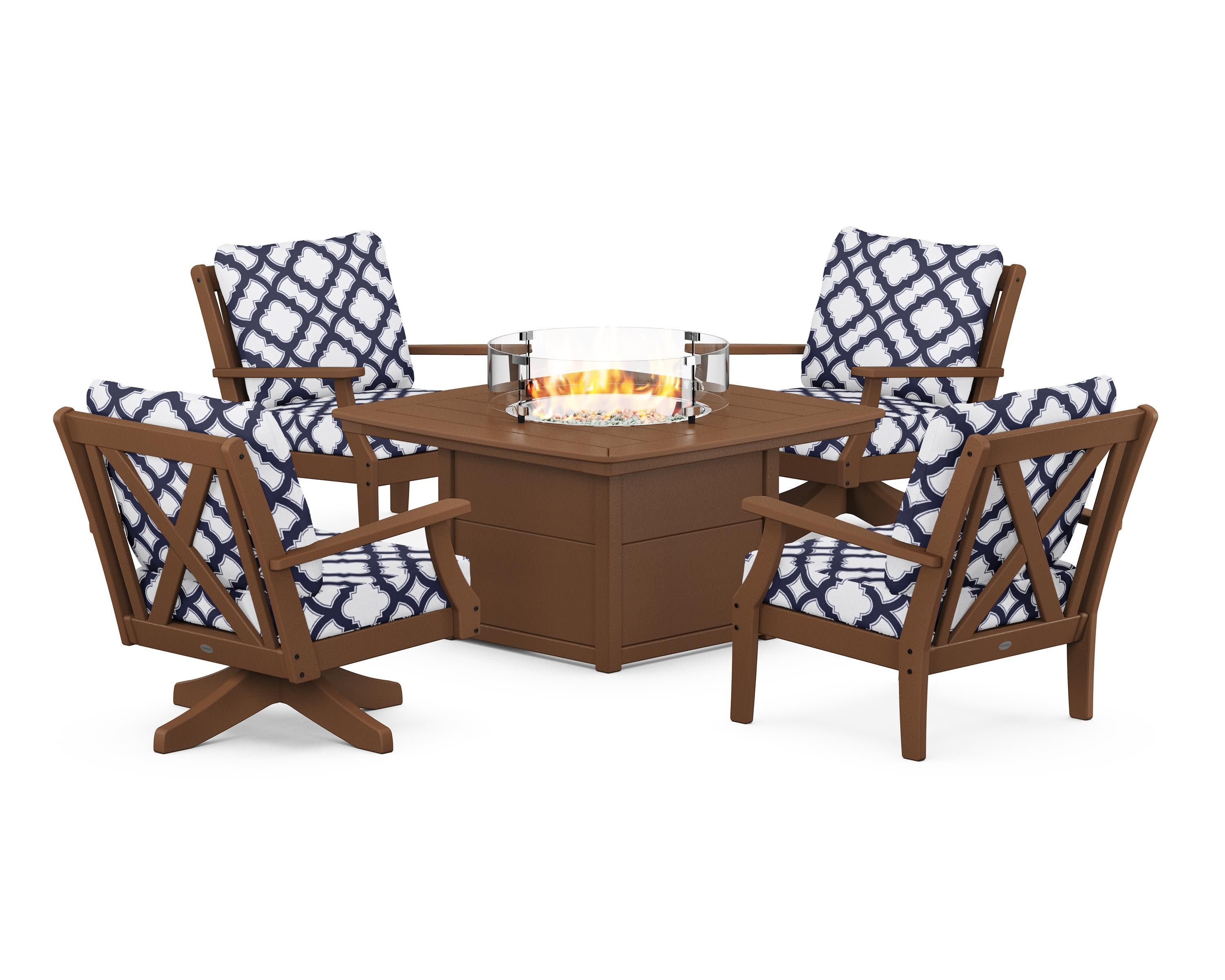 Braxton 5-Piece Deep Seating Set with Fire Table in Teak / Trellis Navy