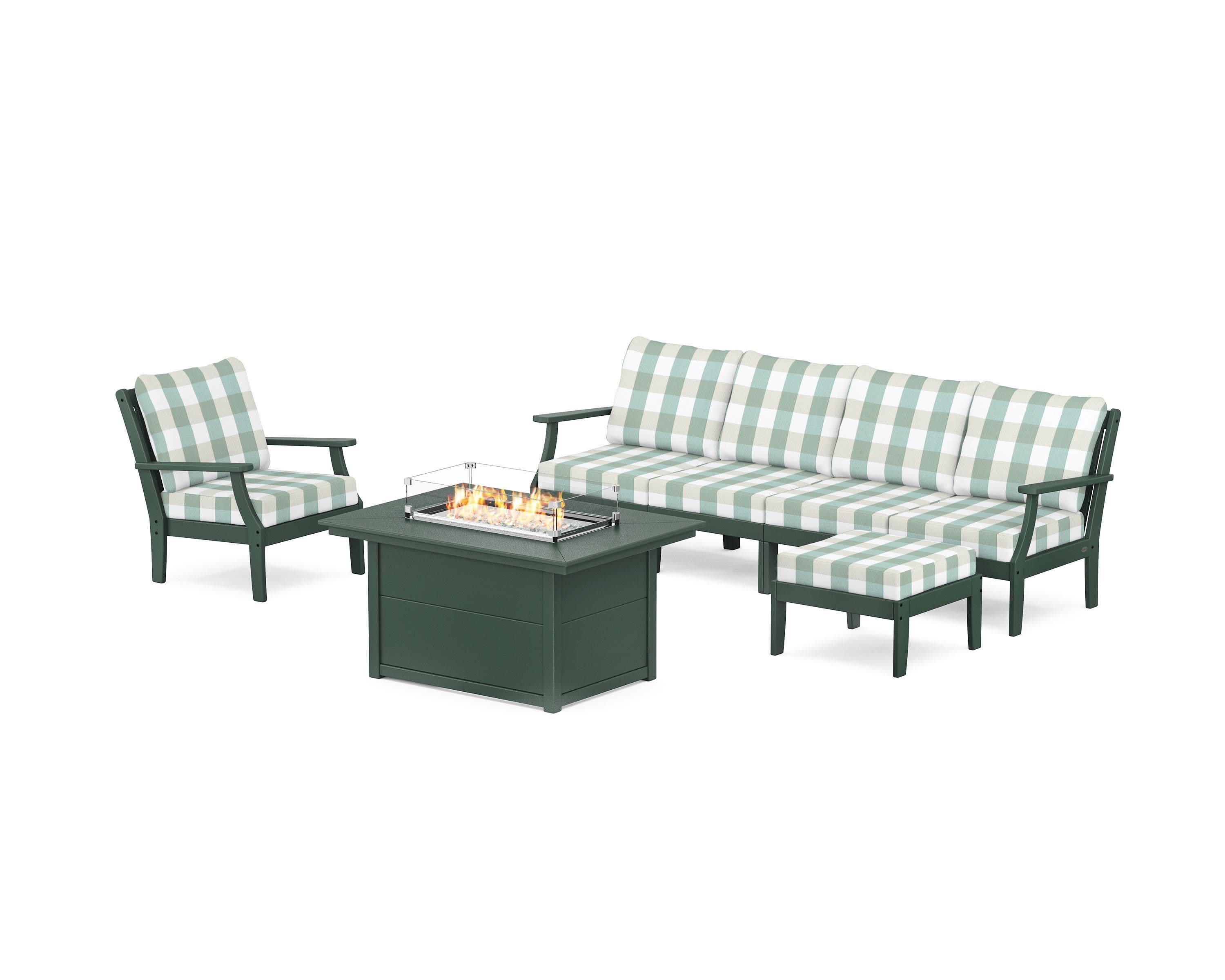 Braxton Sectional Lounge and Fire Pit Set in Green / Buffalo Plaid Glacier Spa