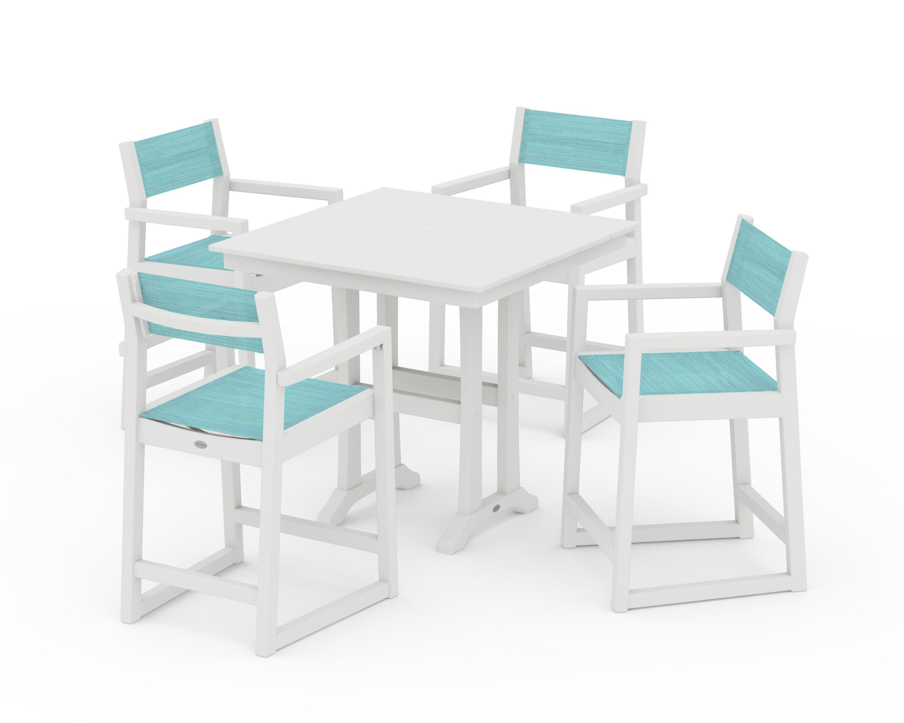EDGE Sling Arm Chair 5-Piece Farmhouse Counter Set with Trestle Legs in Vintage White / Dupioni Aquamarine Sling