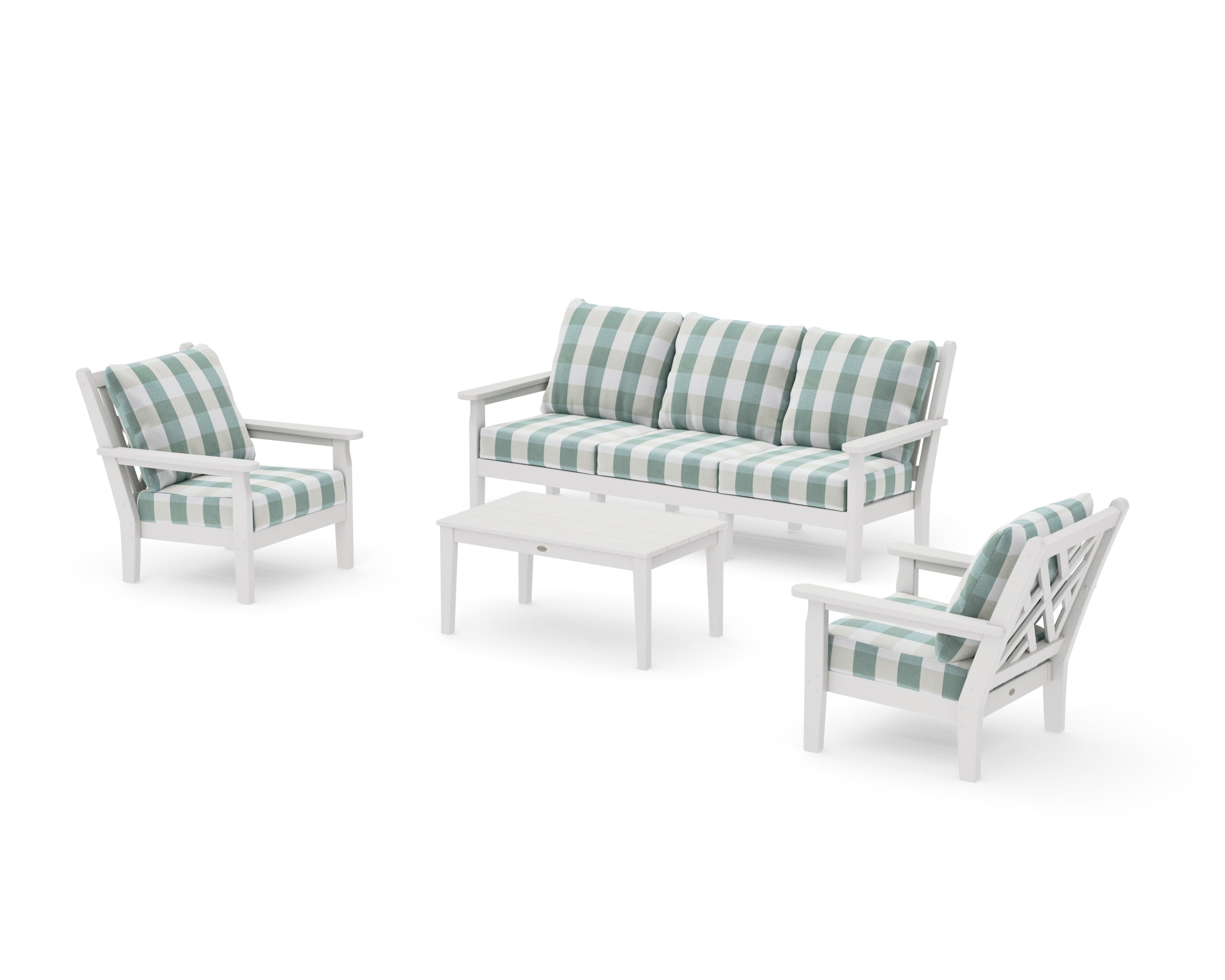 Chippendale 4-Piece Deep Seating Set with Sofa in Vintage White / Buffalo Plaid Glacier Spa