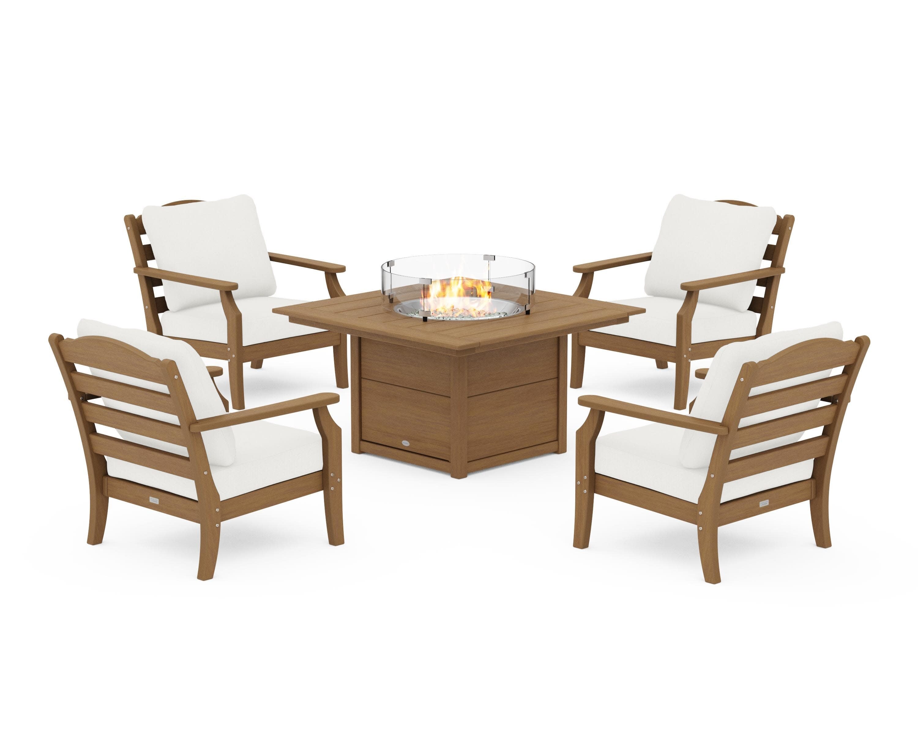 Savannah 5-Piece Deep Seating Set with Fire Pit Table in Natural / Natural Linen