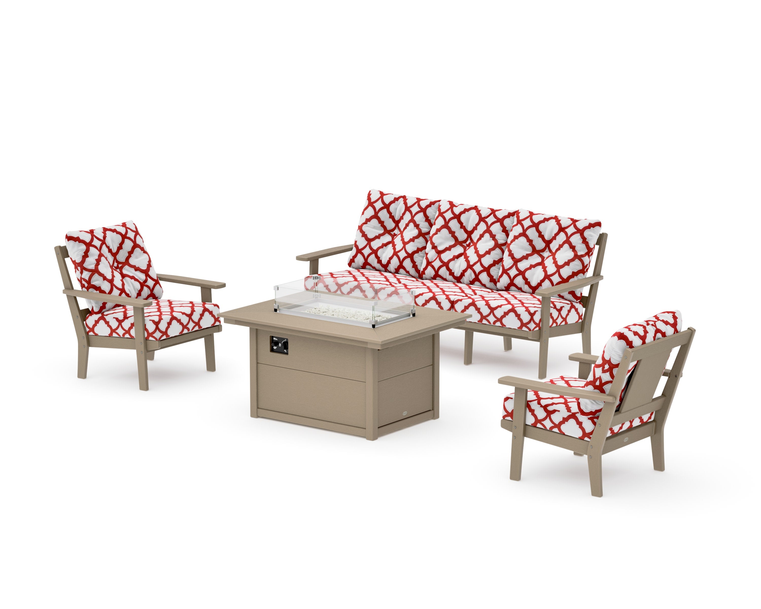 Prairie Deep Seating Fire Pit Table Set in Vintage Sahara / Trellis Crimson