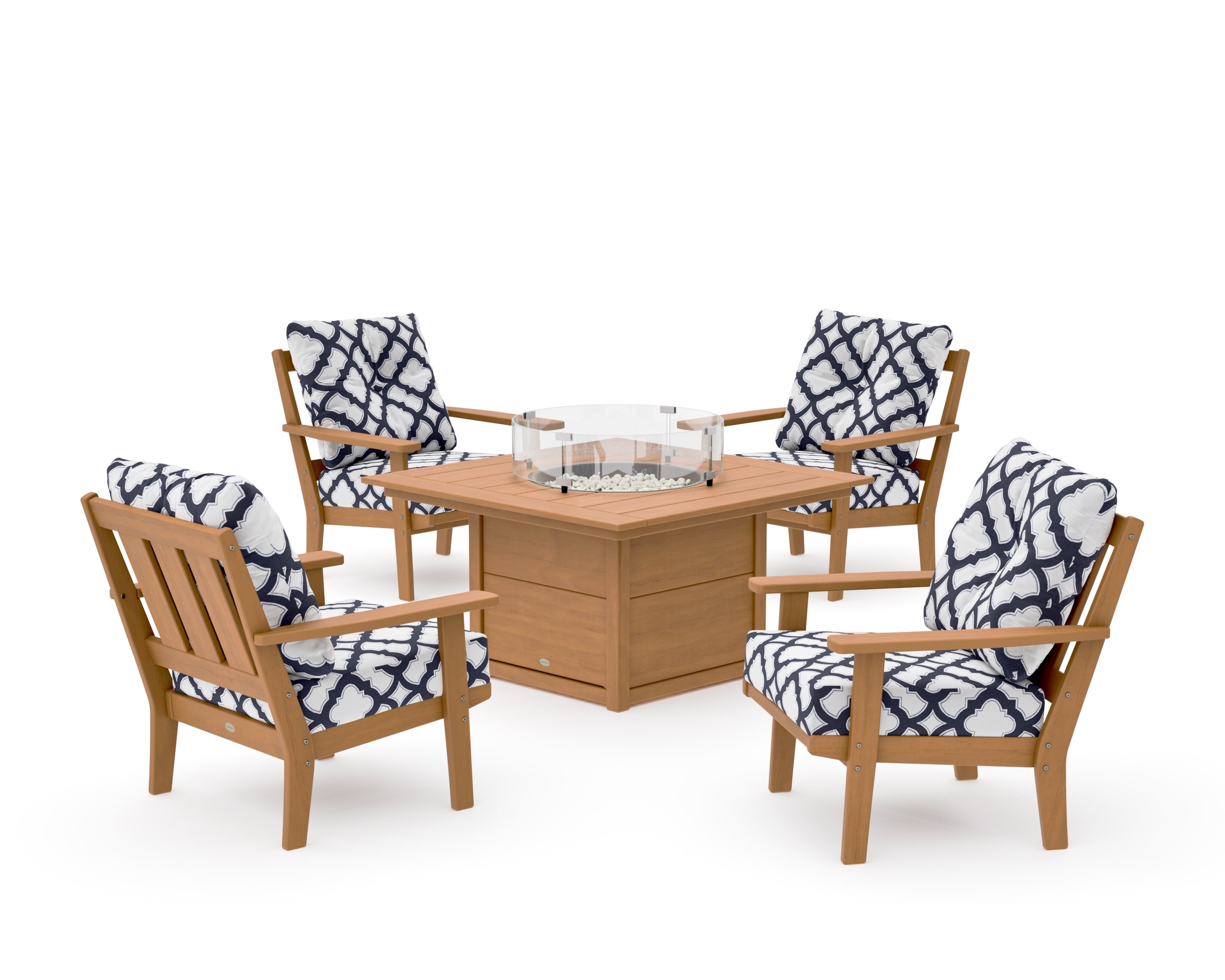 Oxford 5-Piece Deep Seating Set with Fire Pit Table in Natural / Trellis Navy