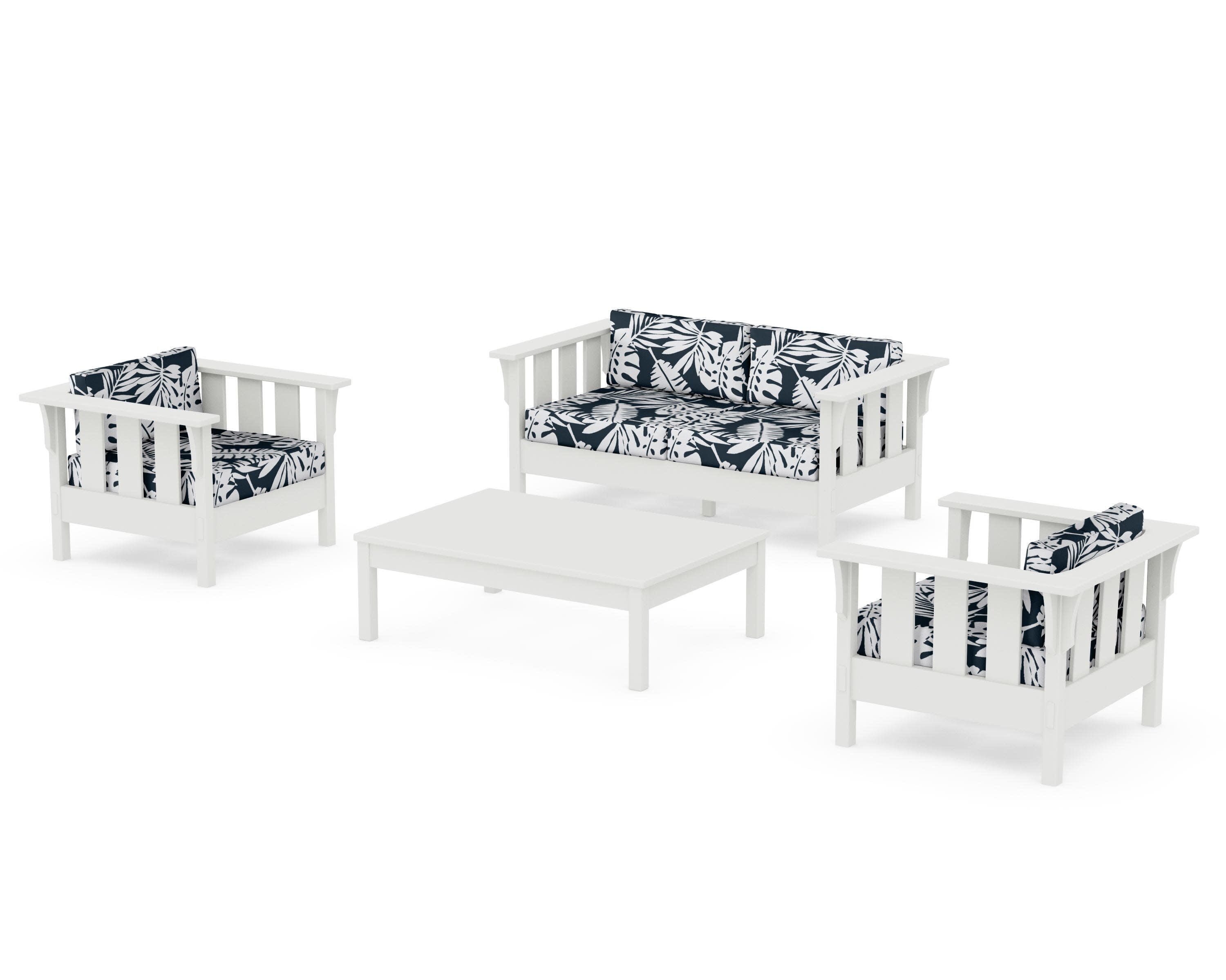 Acadia 4-Piece Deep Seating Set with Loveseat in Vintage White / Leaf Marine Indigo