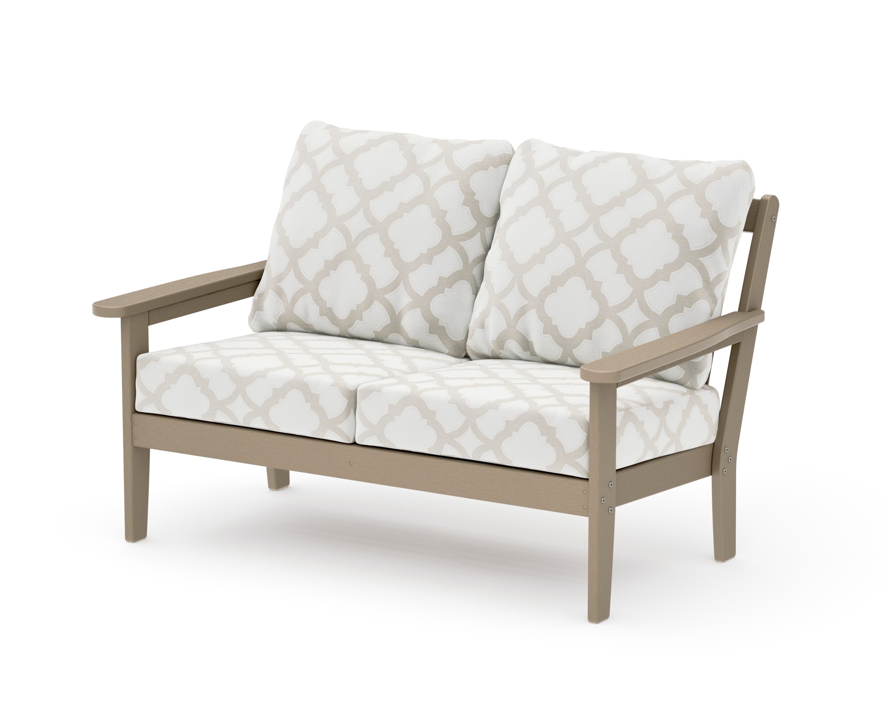 Cottage Deep Seating Loveseat in Vintage Sahara / Trellis Dune Burlap