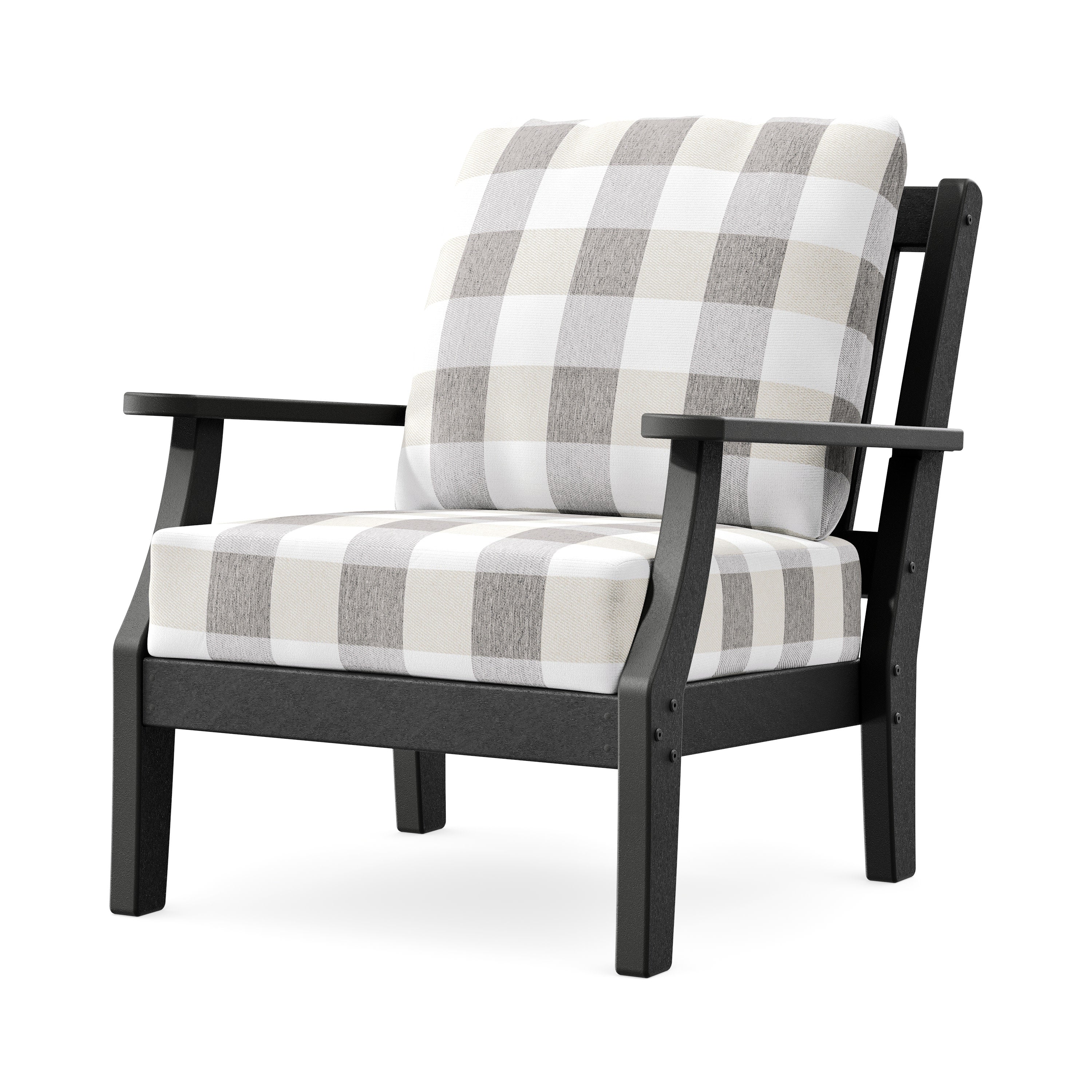 Chinoiserie Deep Seating Chair in Black / Buffalo Plaid Grey Mist