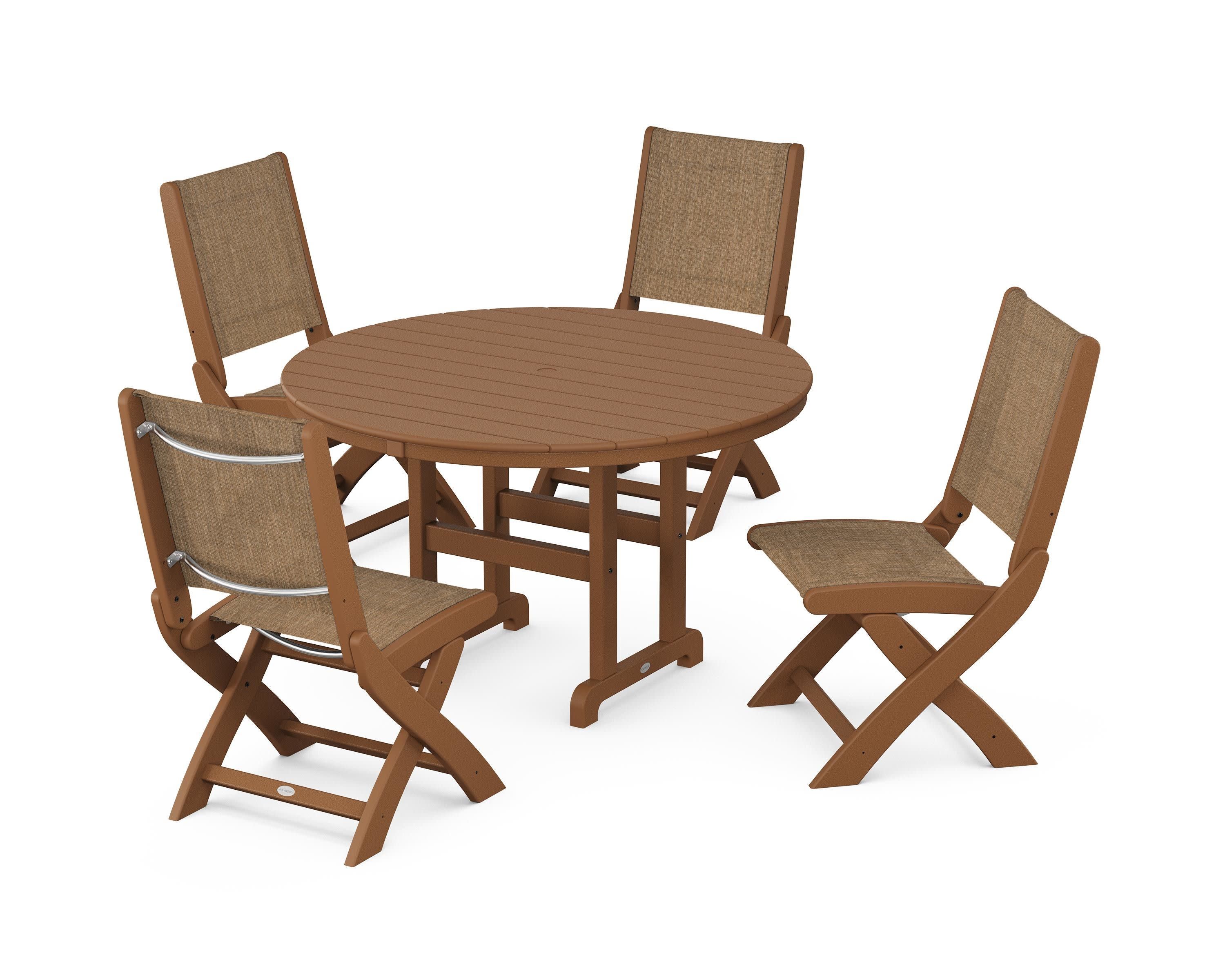 Coastal Folding Side Chair 5-Piece Round Dining Set in Teak / Burlap Sling