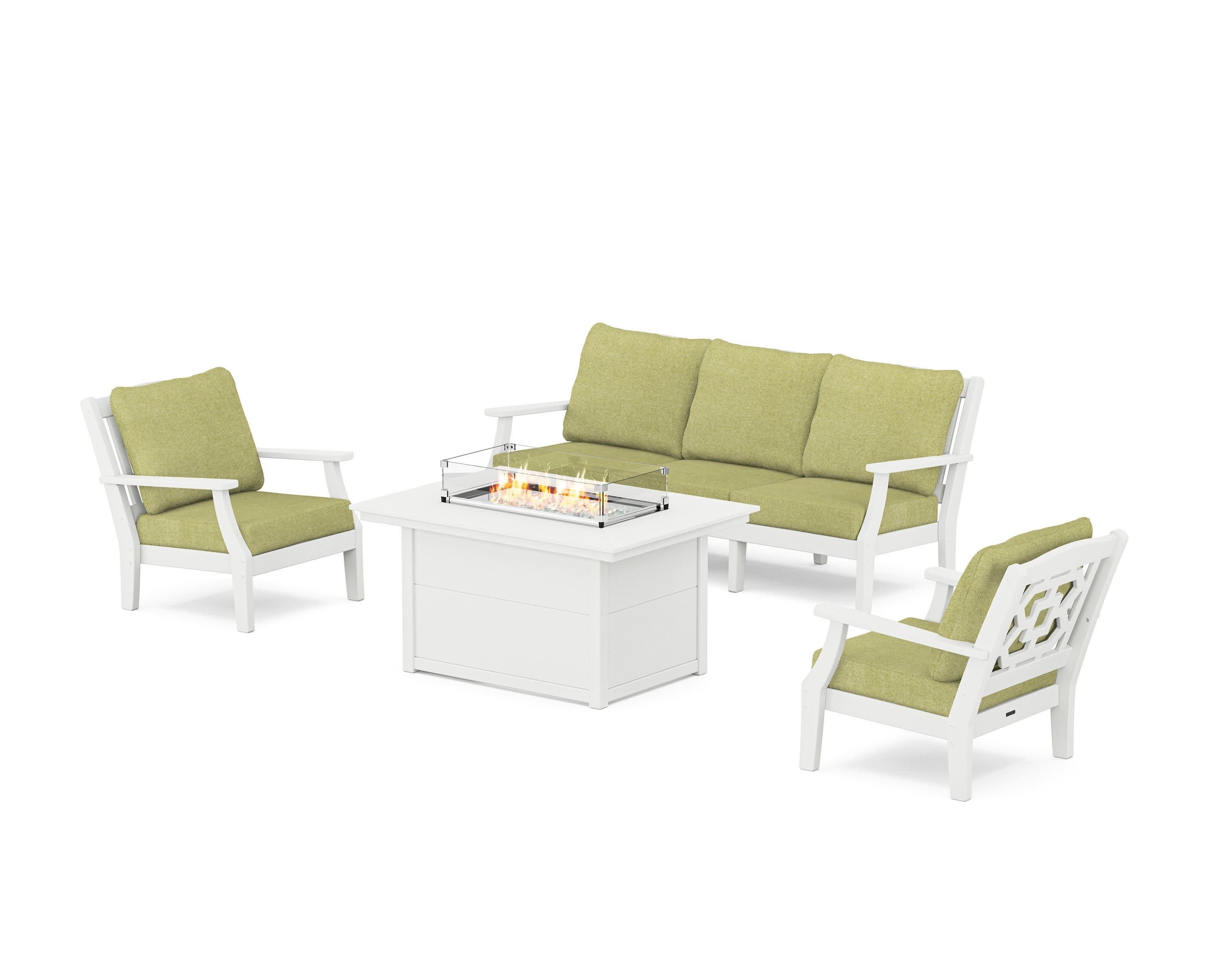 Chinoiserie Deep Seating Fire Pit Table Set in White / Chartreuse Boucle