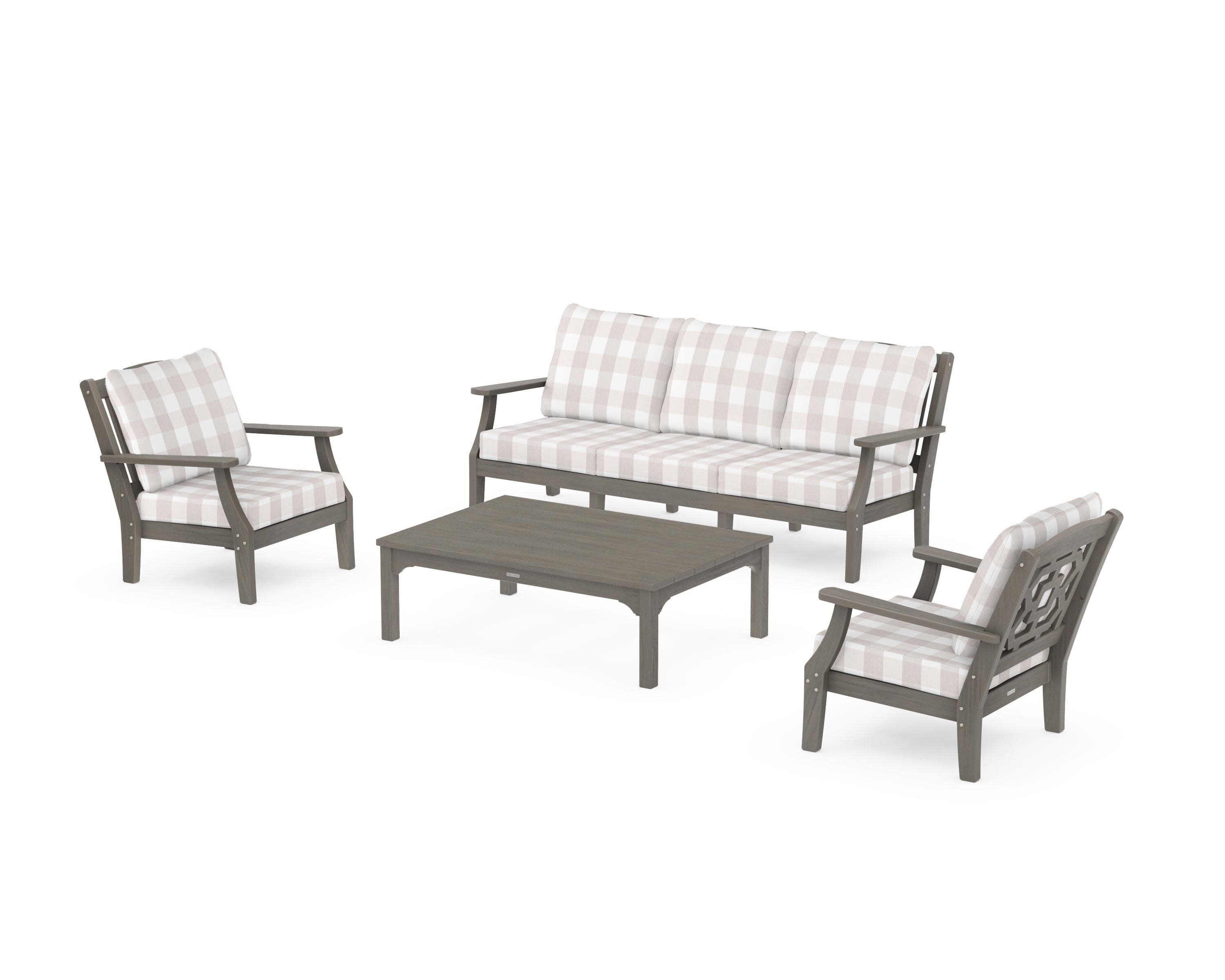 Chinoiserie 4-Piece Deep Seating Set with Sofa in Driftwood / Buffalo Plaid Dune Burlap