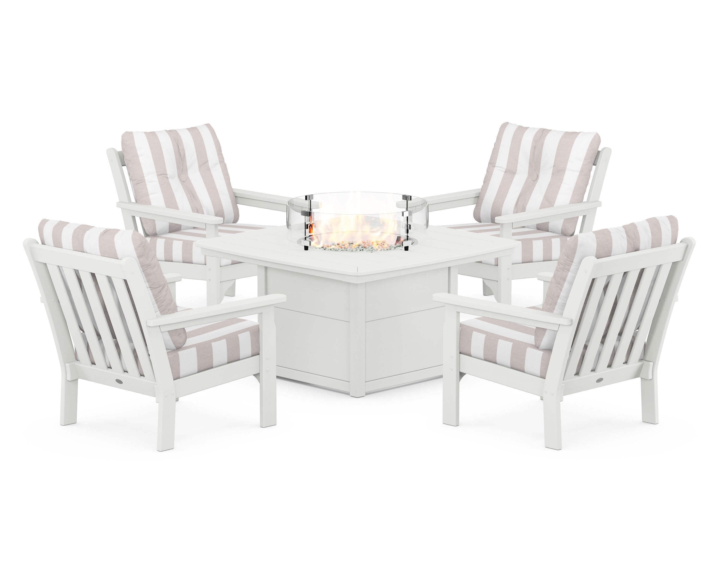 Vineyard 5-Piece Conversation Set with Fire Pit Table in Vintage White / Cabana Stripe Dune Burlap