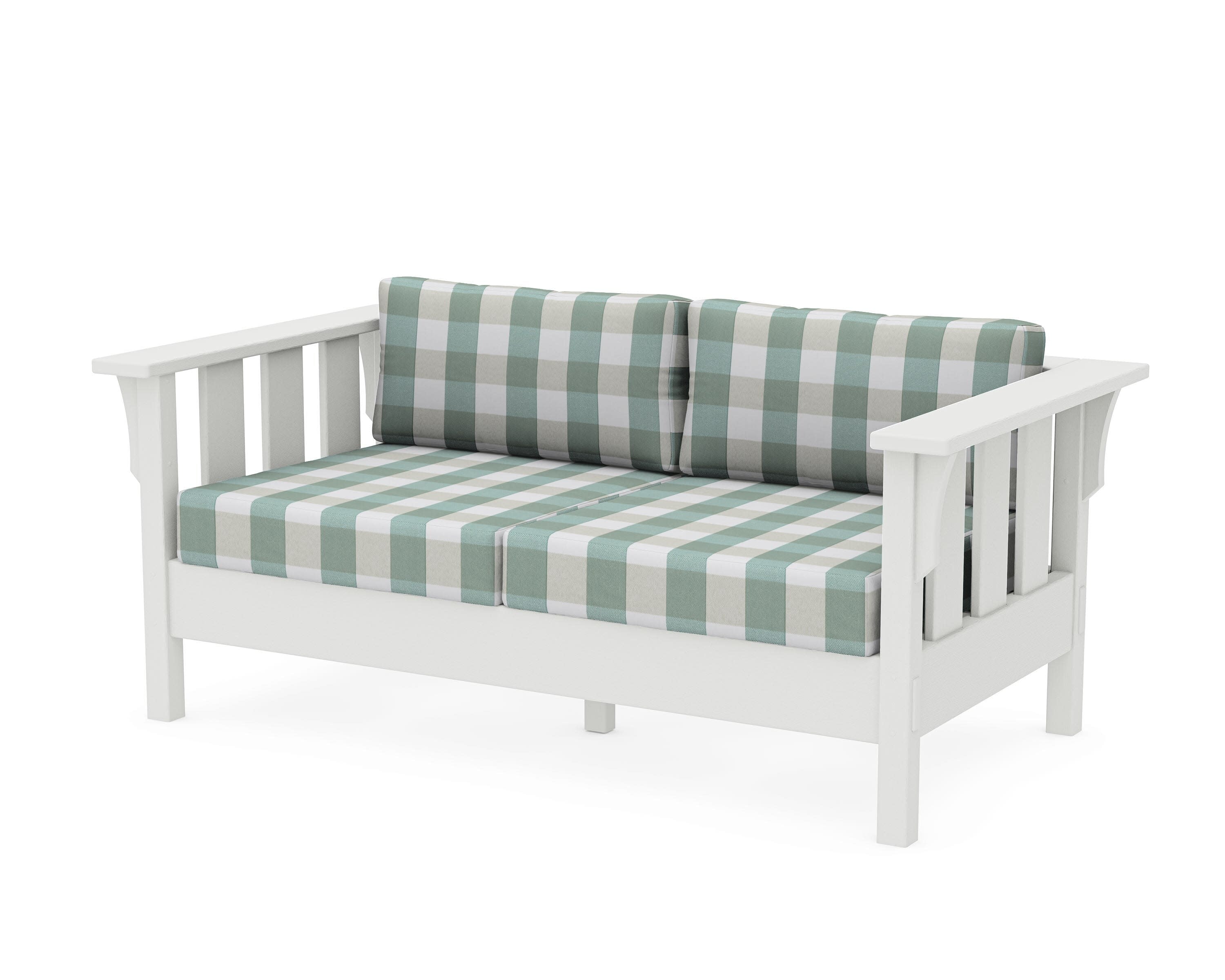 Acadia Deep Seating Loveseat in Vintage White / Buffalo Plaid Glacier Spa