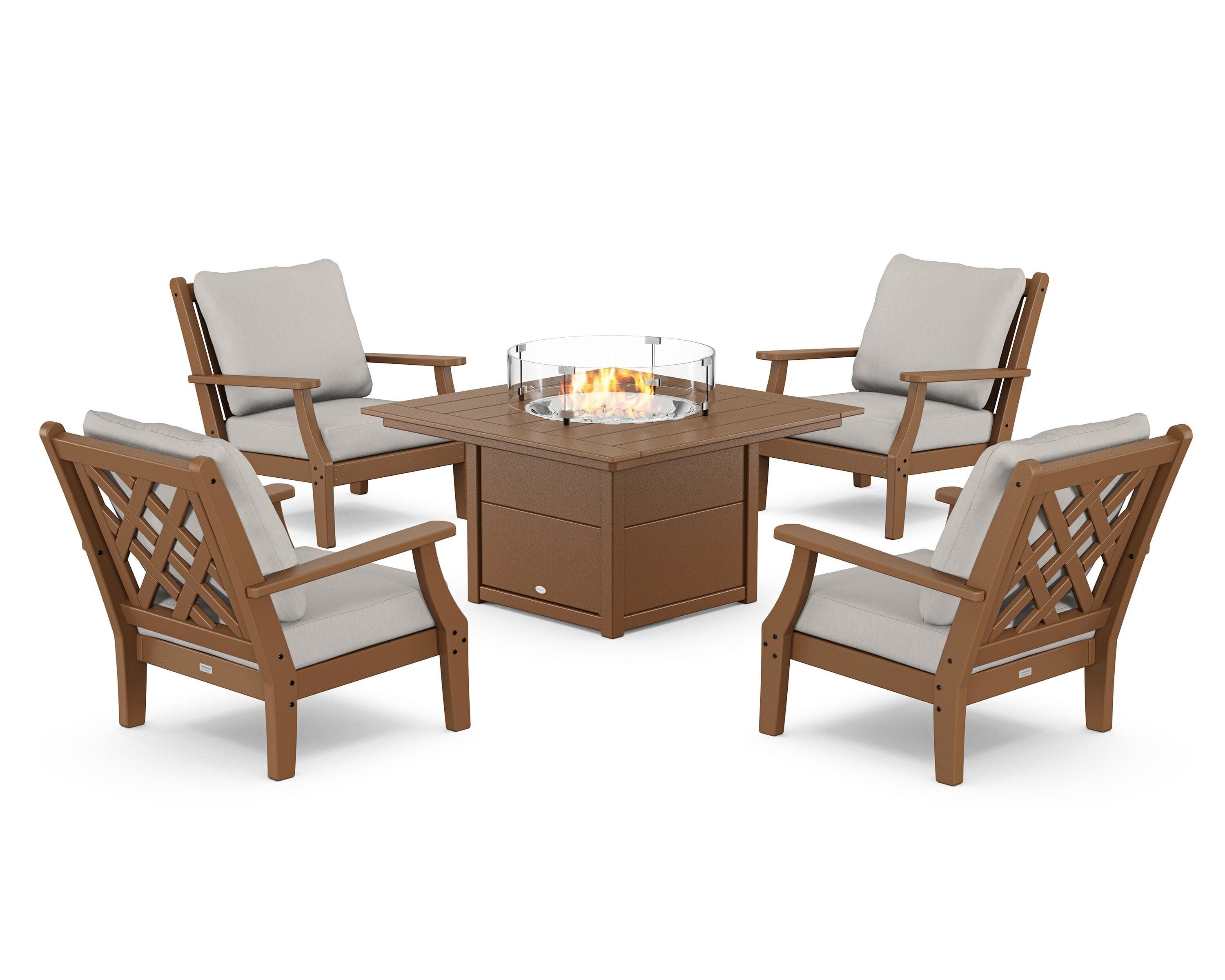 Wovendale 5-Piece Deep Seating Set with Fire Pit Table in Teak / Cast Ash