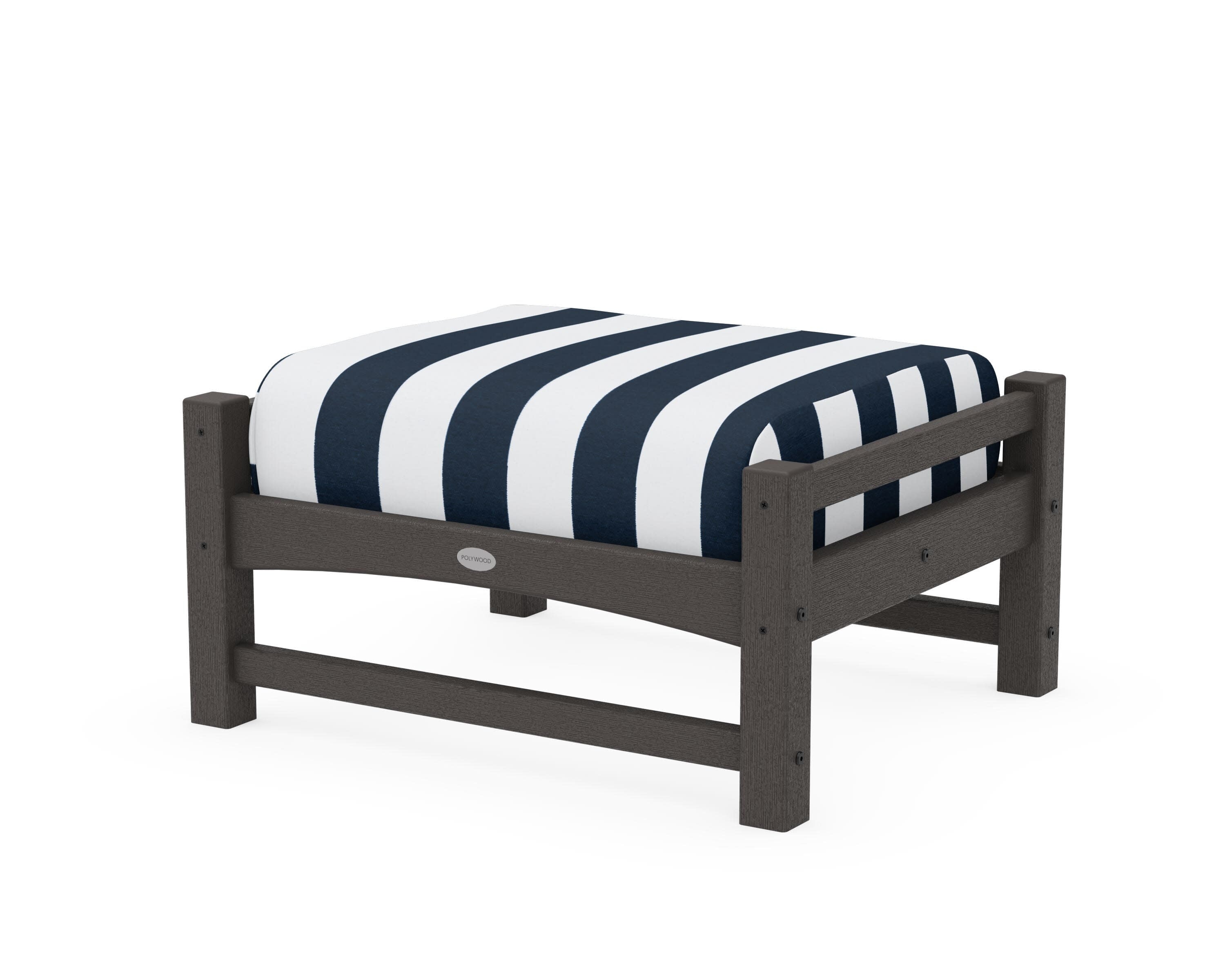 Club Ottoman in Vintage Coffee / Cabana Stripe Marine Indigo