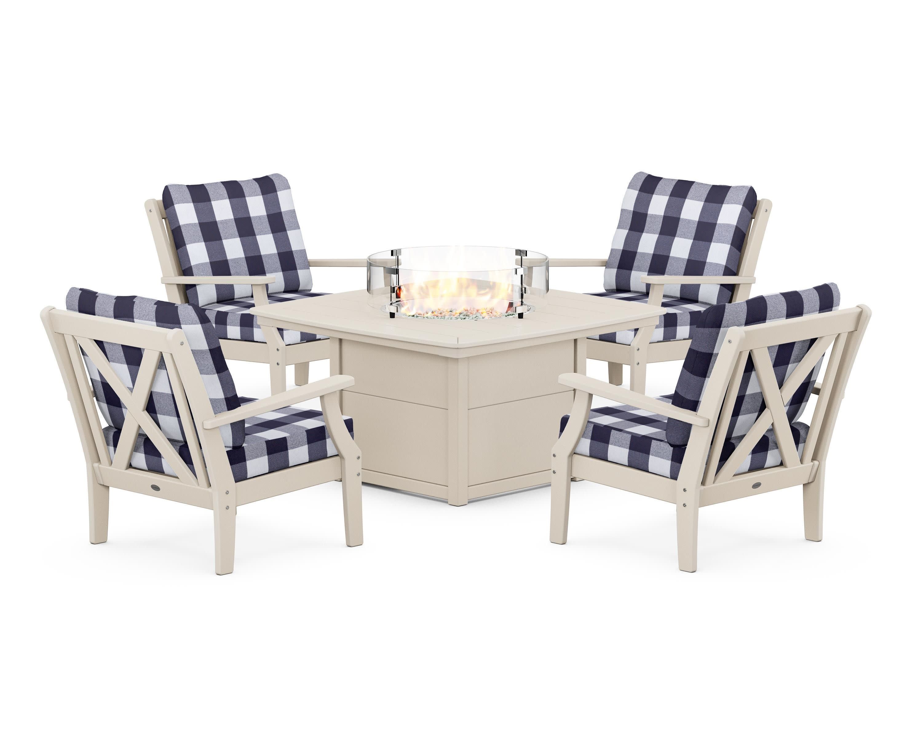 Braxton 5-Piece Deep Seating Conversation Set with Fire Pit Table in Sand / Buffalo Plaid Navy