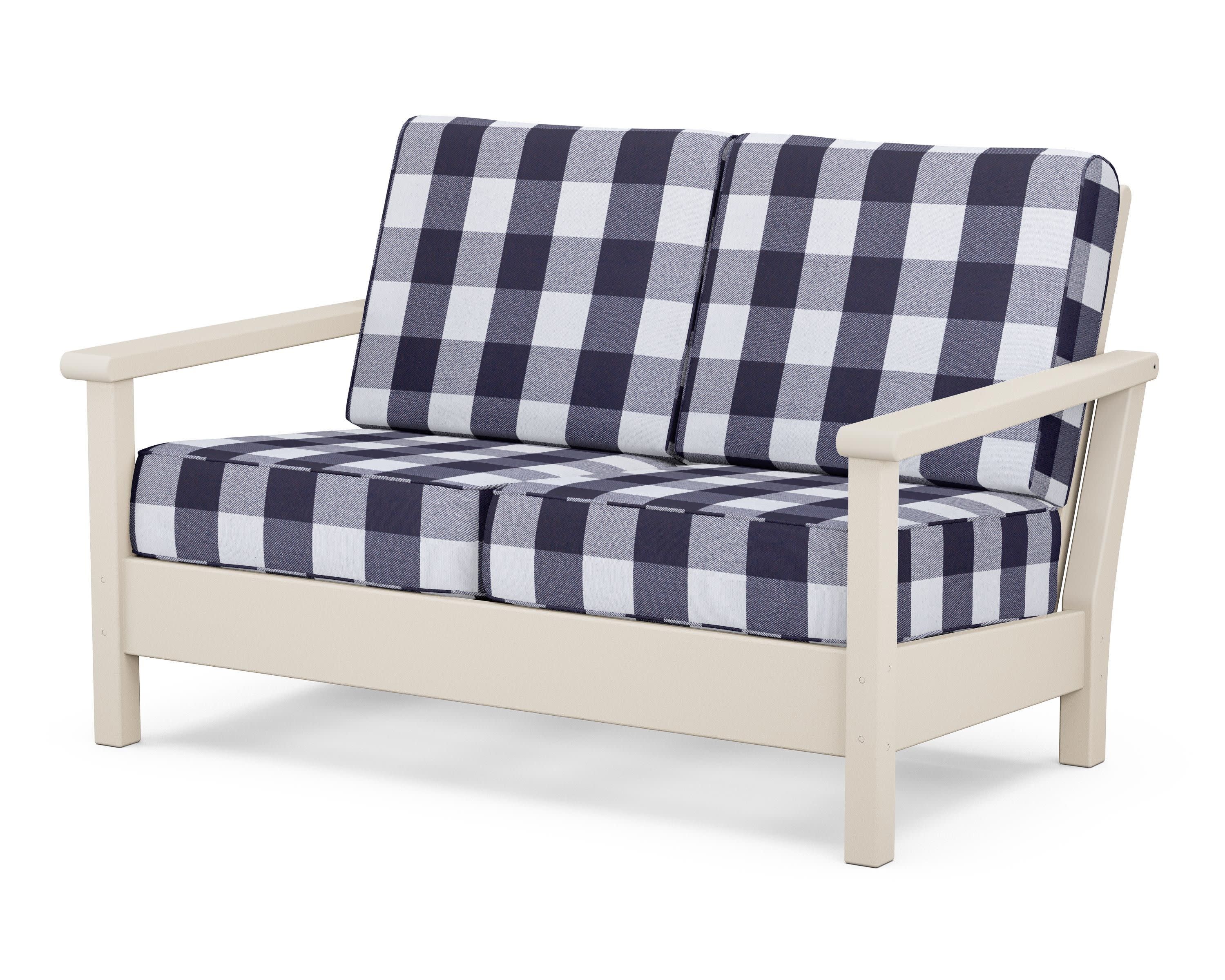 Harbour Deep Seating Loveseat in Sand / Buffalo Plaid Navy