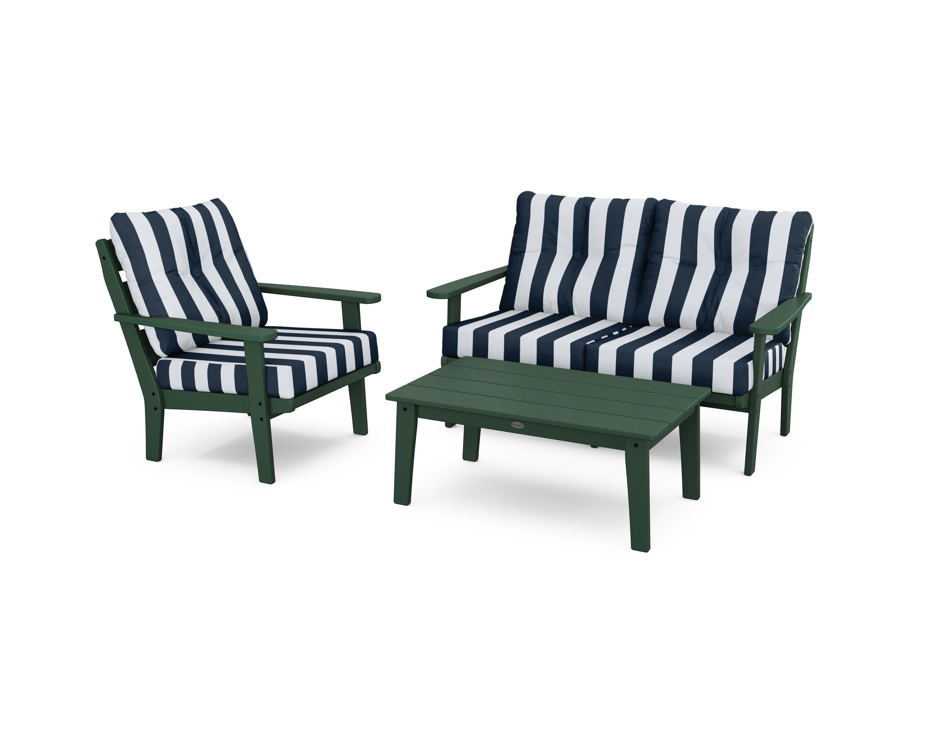 Lakeside 3-Piece Deep Seating Set in Green / Cabana Stripe Marine Indigo
