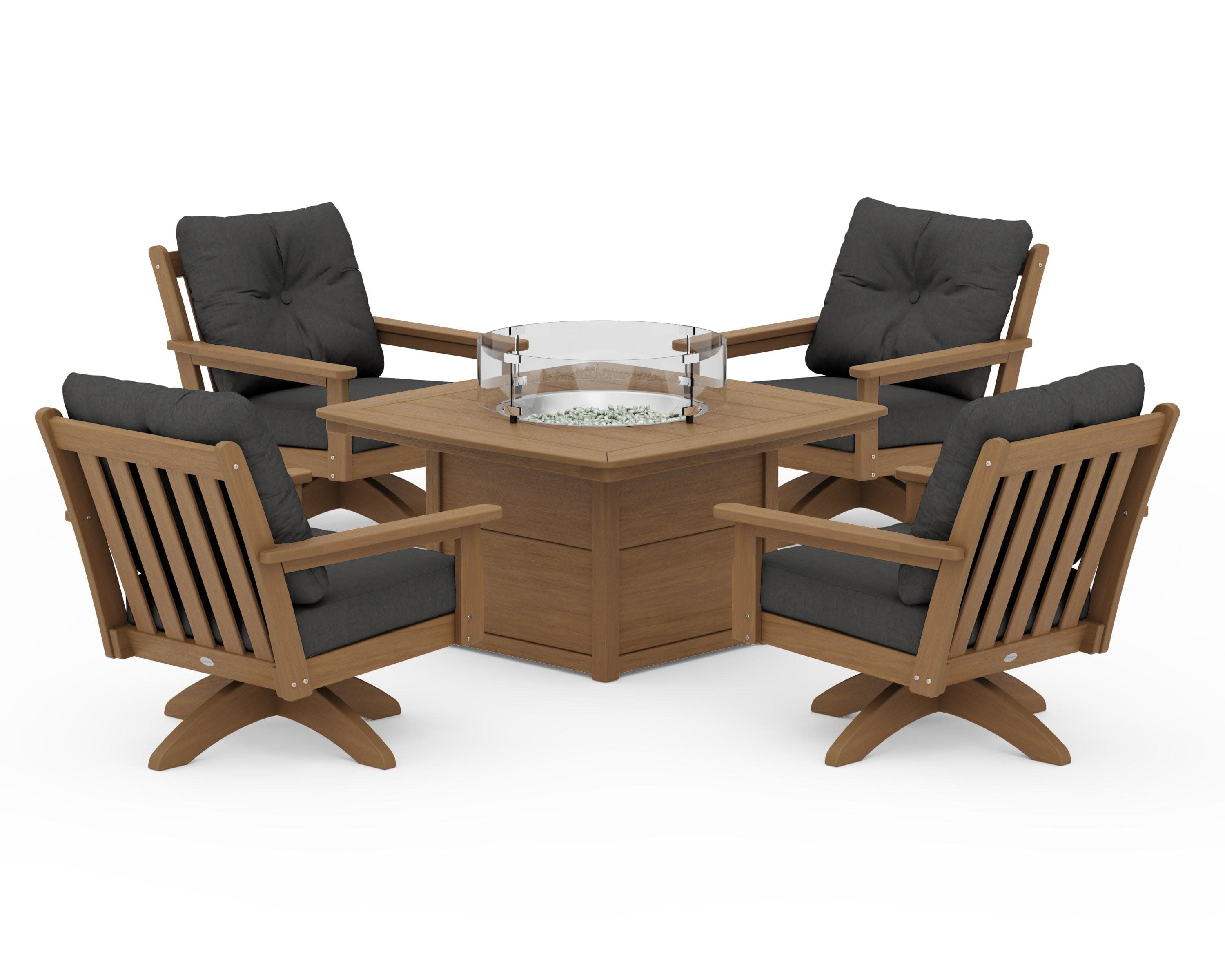 Vineyard 5-Piece Deep Seating Swivel Conversation Set with Fire Pit Table in Natural / Spectrum Carbon