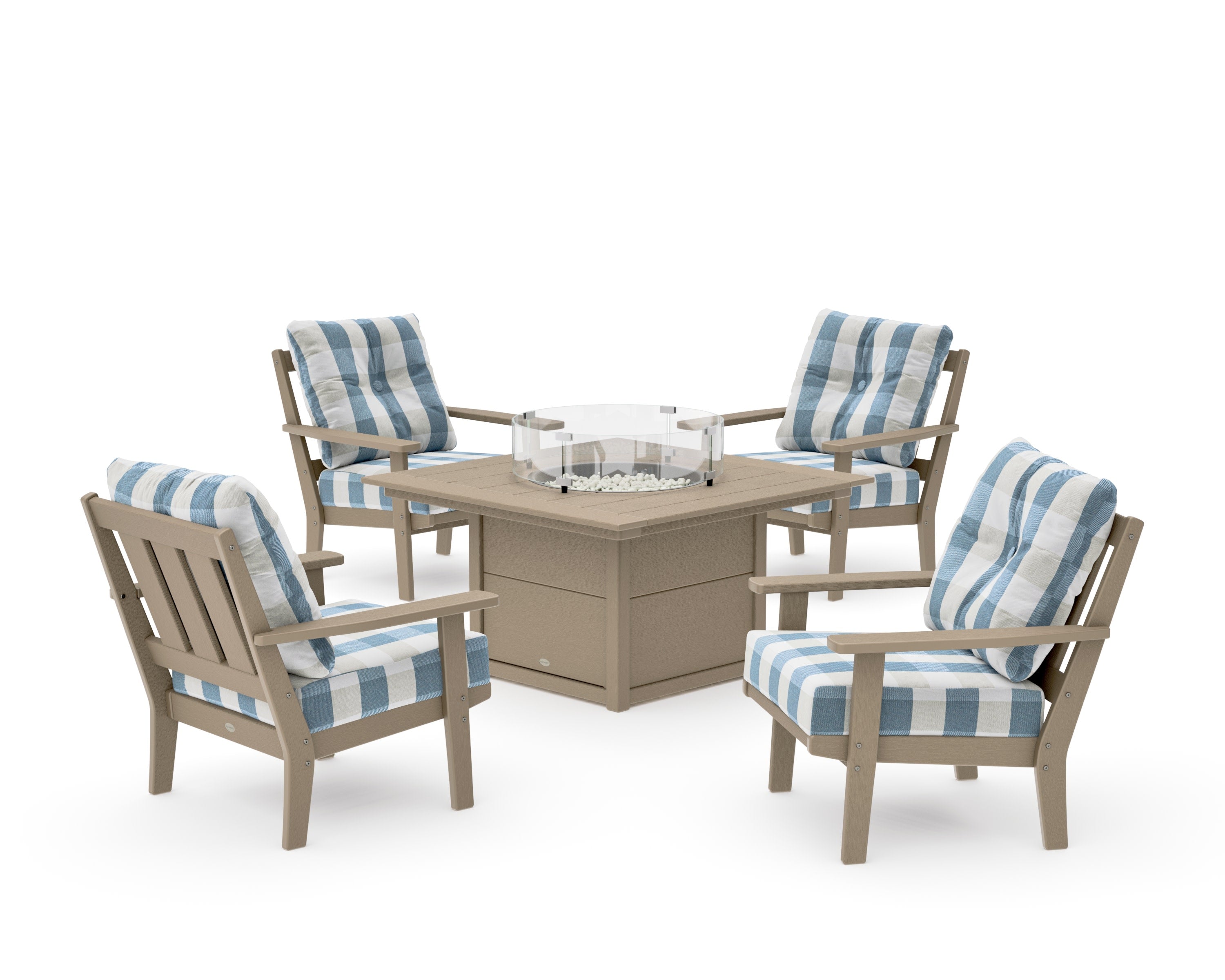Oxford 5-Piece Deep Seating Set with Fire Pit Table in Vintage Sahara / Buffalo Plaid Sky Blue