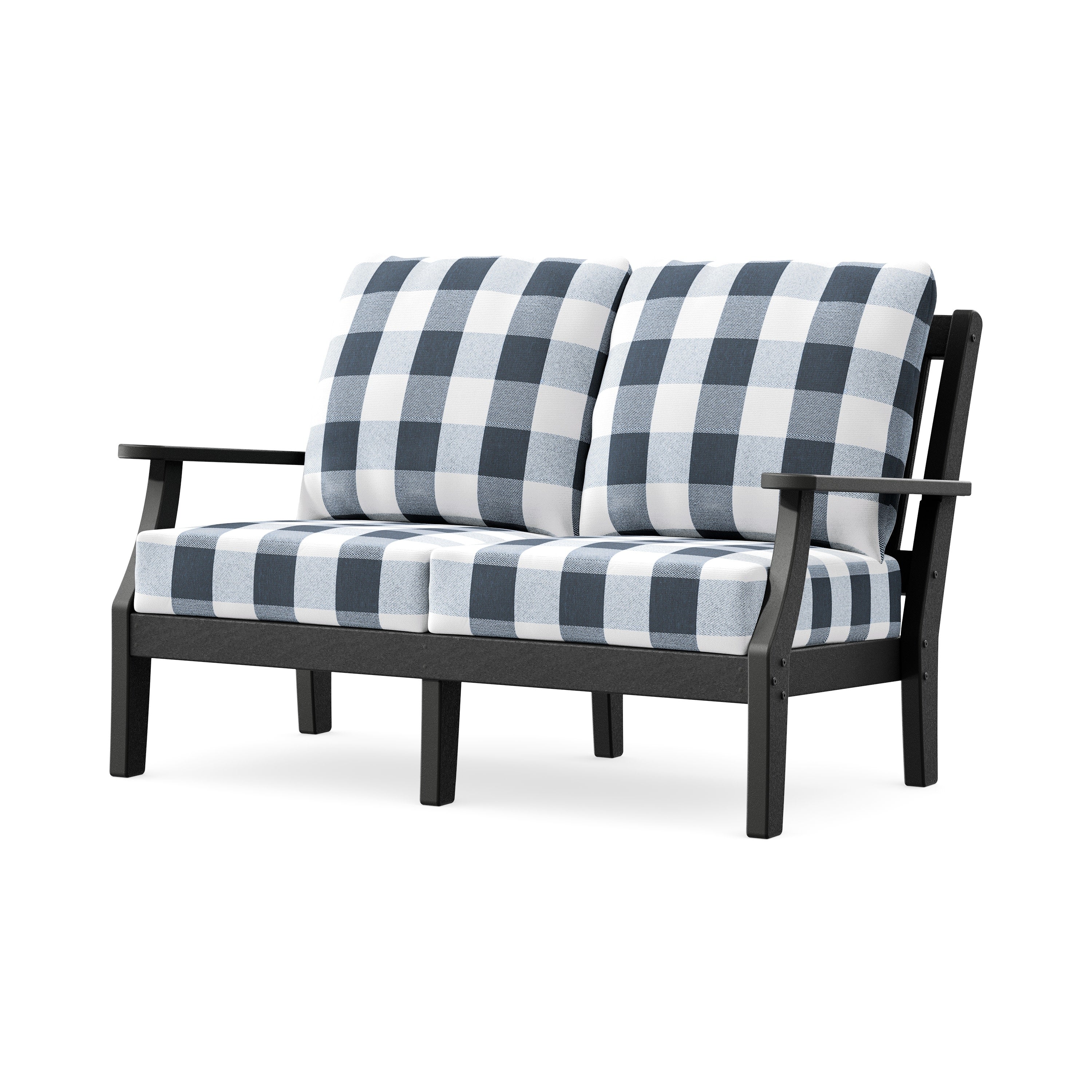 Chinoiserie Deep Seating Loveseat in Black / Buffalo Plaid Marine Indigo