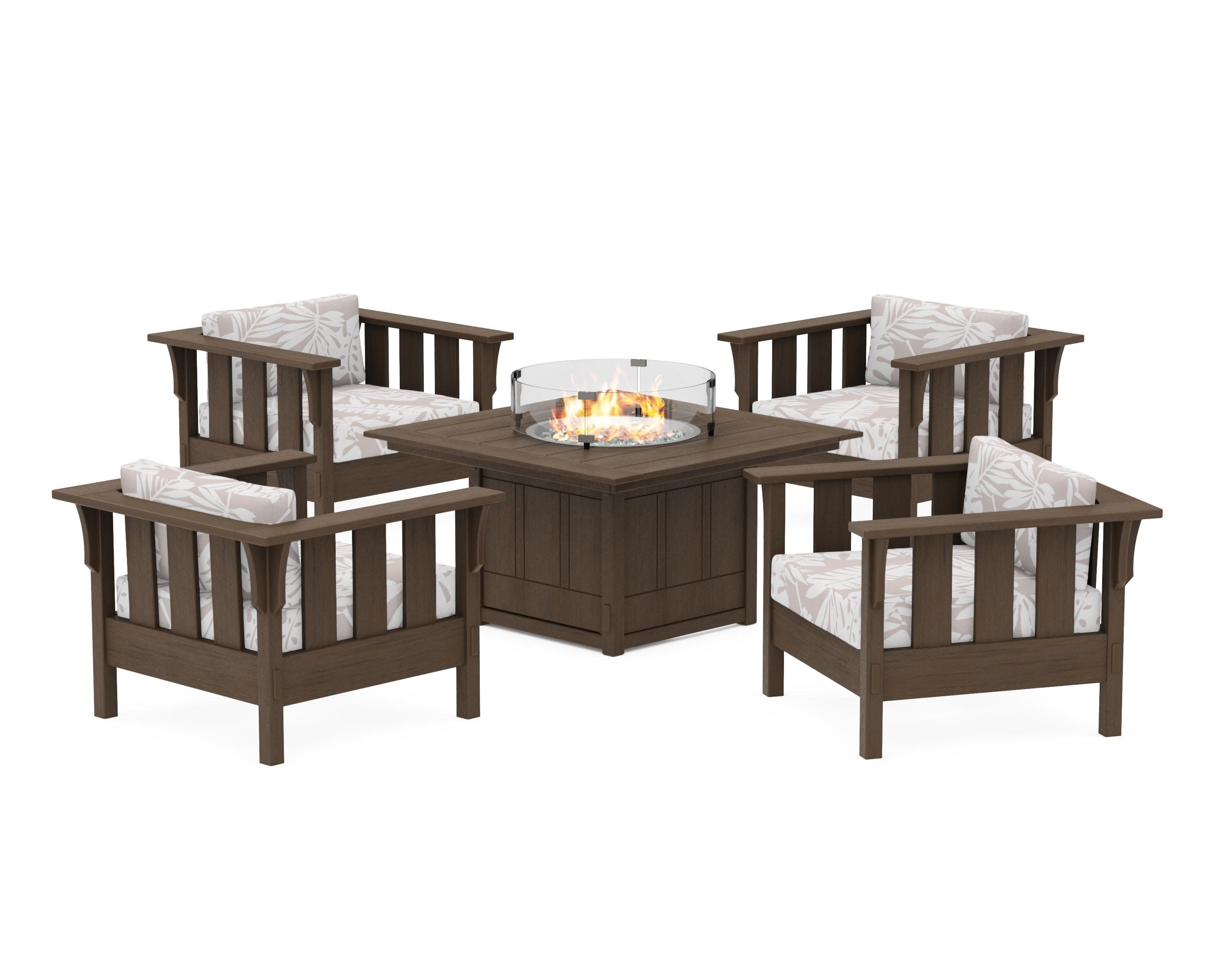 Acadia 5-Piece Deep Seating Set with Fire Pit Table in Kona / Leaf Dune Burlap