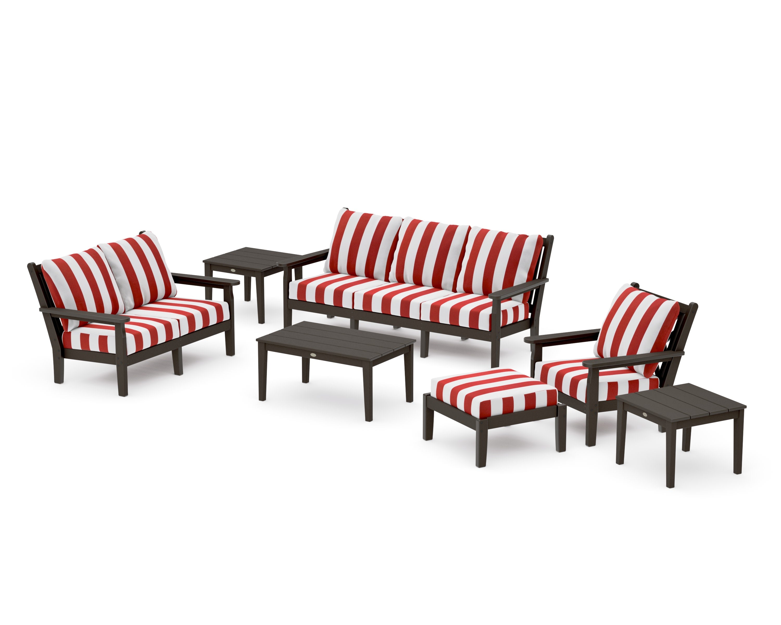 Chippendale 7-Piece Deep Seating Set in Vintage Coffee / Cabana Stripe Crimson