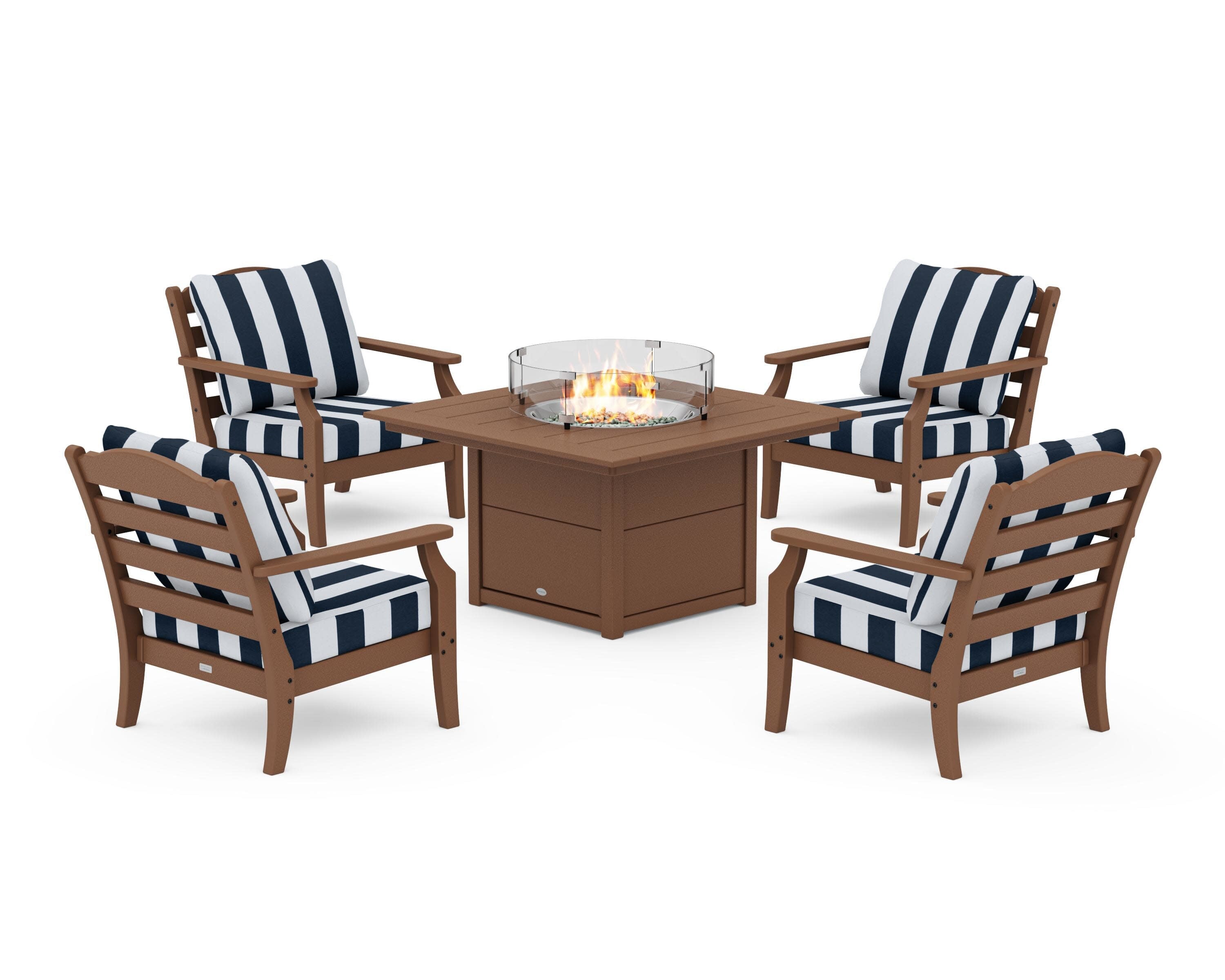 Savannah 5-Piece Deep Seating Set with Fire Pit Table in Teak / Cabana Stripe Marine Indigo
