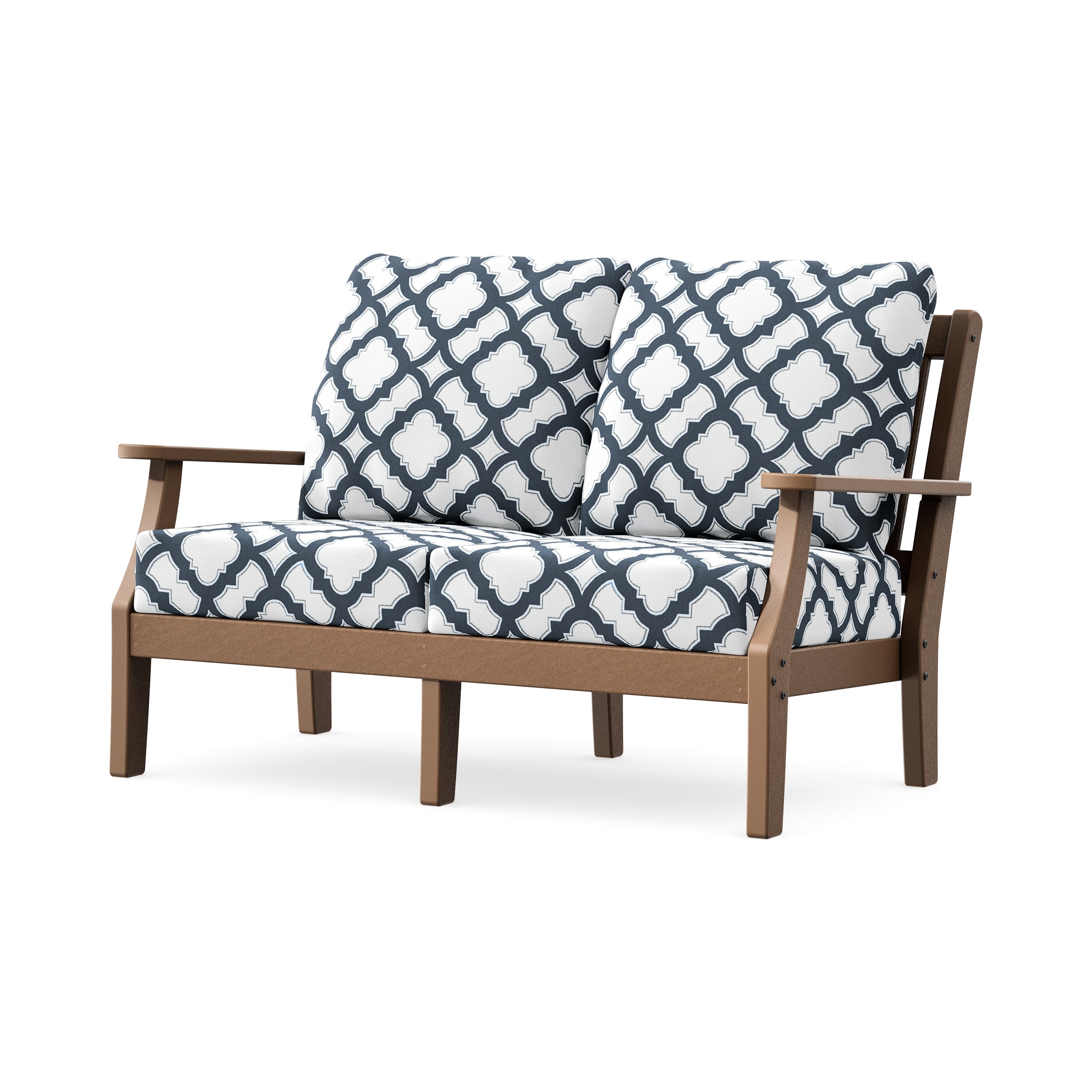 Chinoiserie Deep Seating Loveseat in Teak / Trellis Marine Indigo