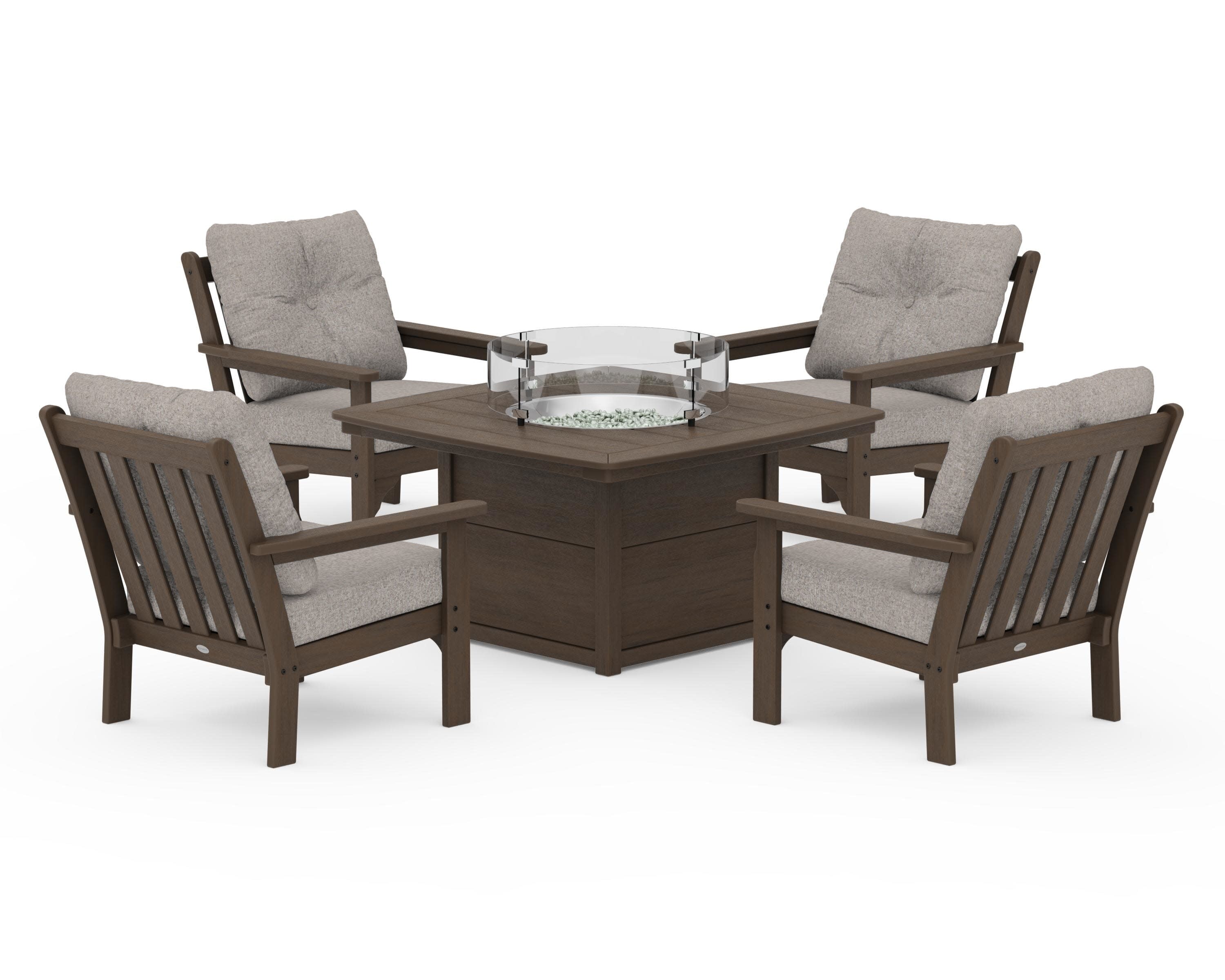 Vineyard 5-Piece Conversation Set with Fire Pit Table in Kona / Weathered Tweed
