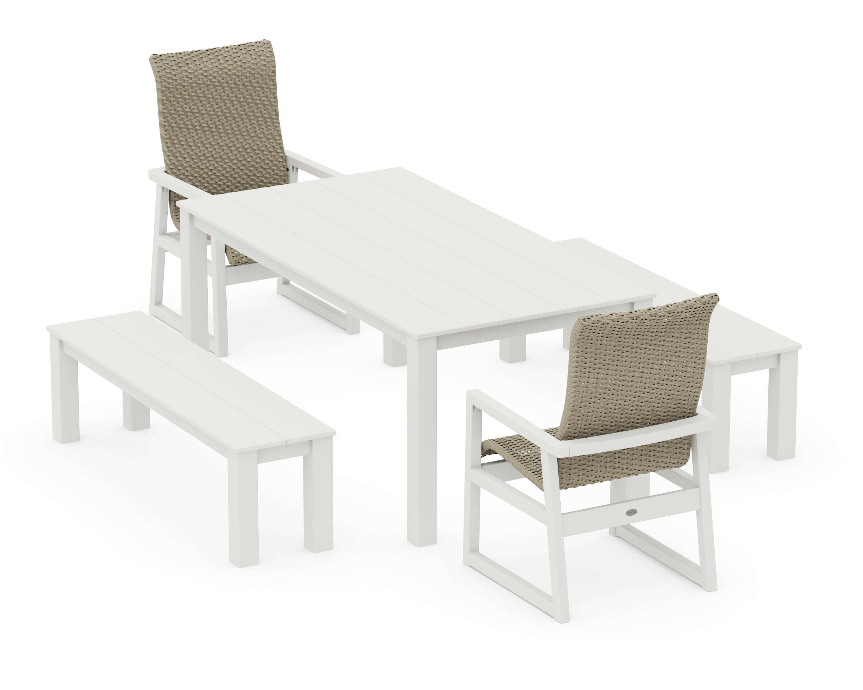 EDGE Woven Highback 5-Piece Parsons Dining Set with Benches in White / Dune Grass