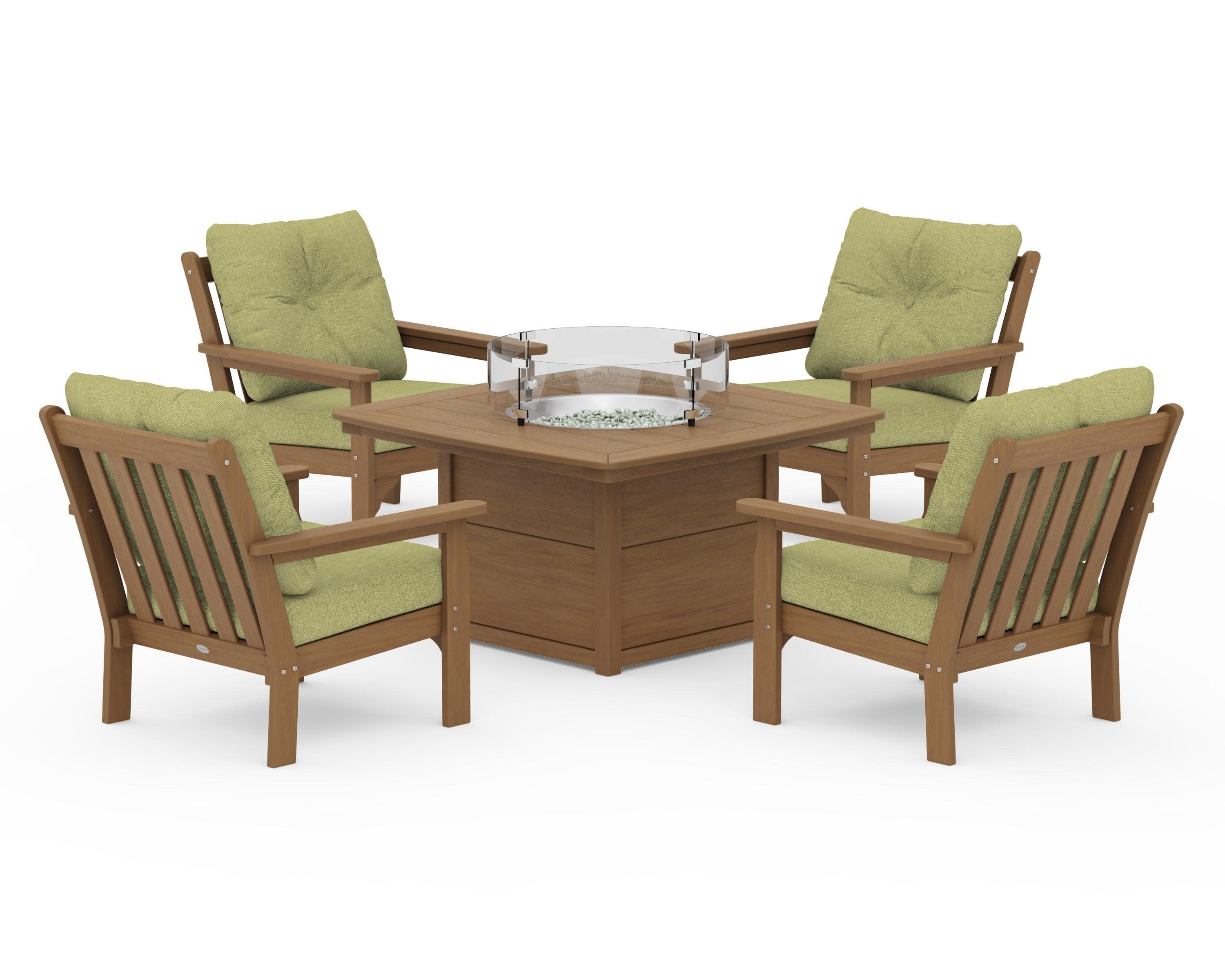 Vineyard 5-Piece Conversation Set with Fire Pit Table in Natural / Chartreuse Boucle