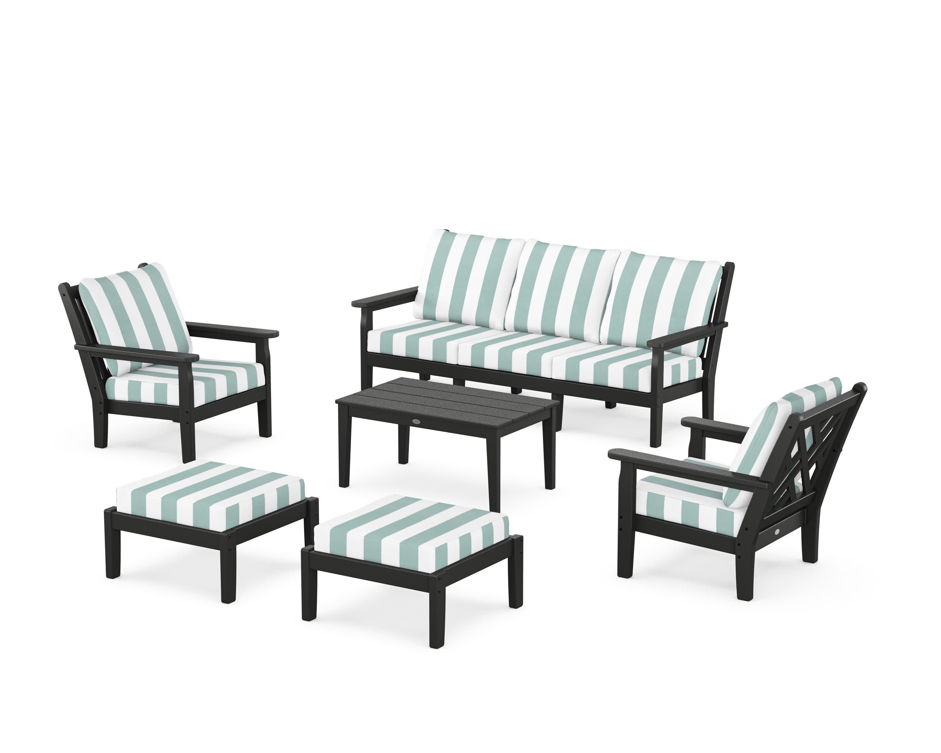 Chippendale 6-Piece Lounge Sofa Set in Black / Cabana Stripe Glacier Spa