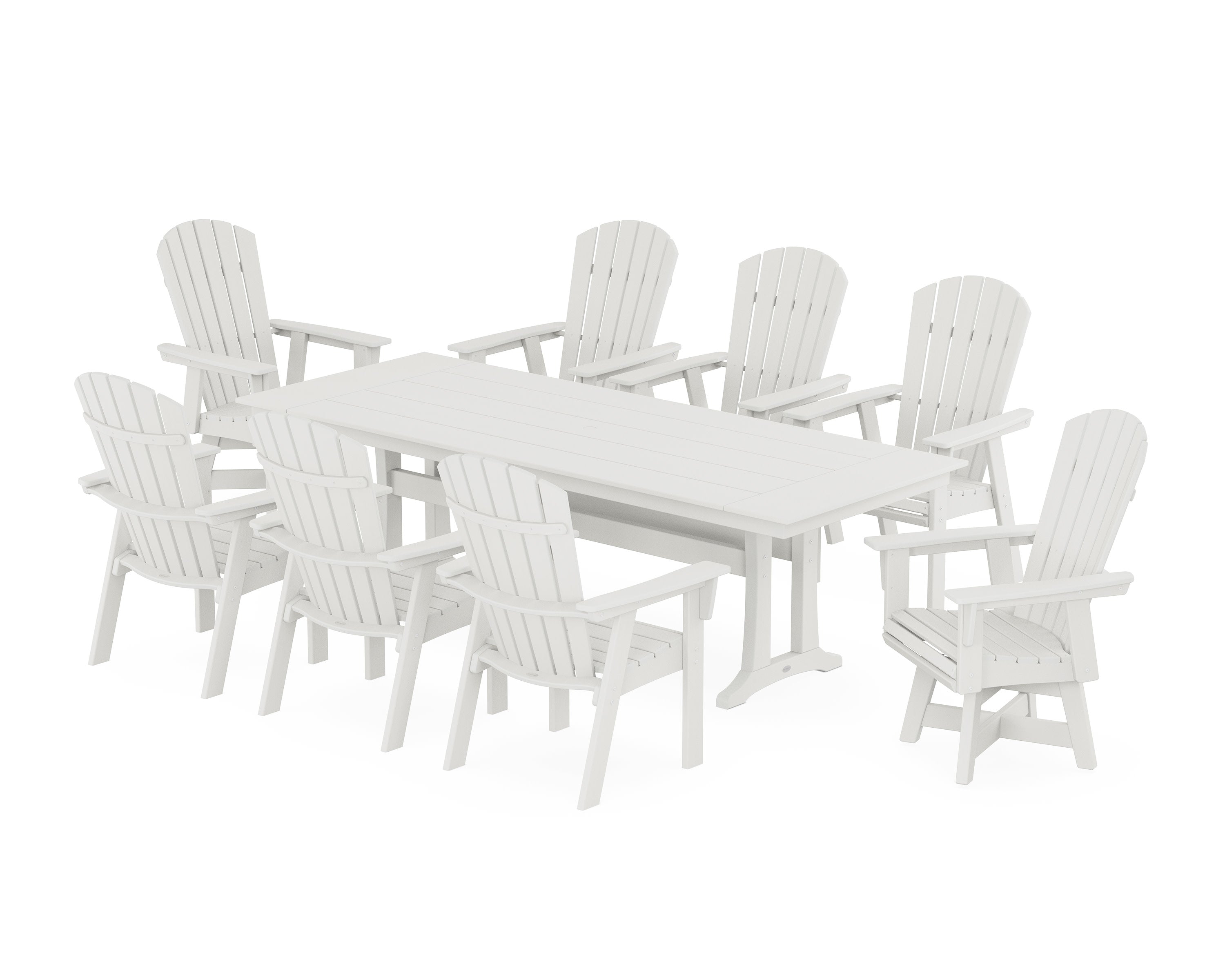 Nautical Curveback Adirondack Swivel 9-Piece Farmhouse Dining Set with Trestle Legs in Vintage White