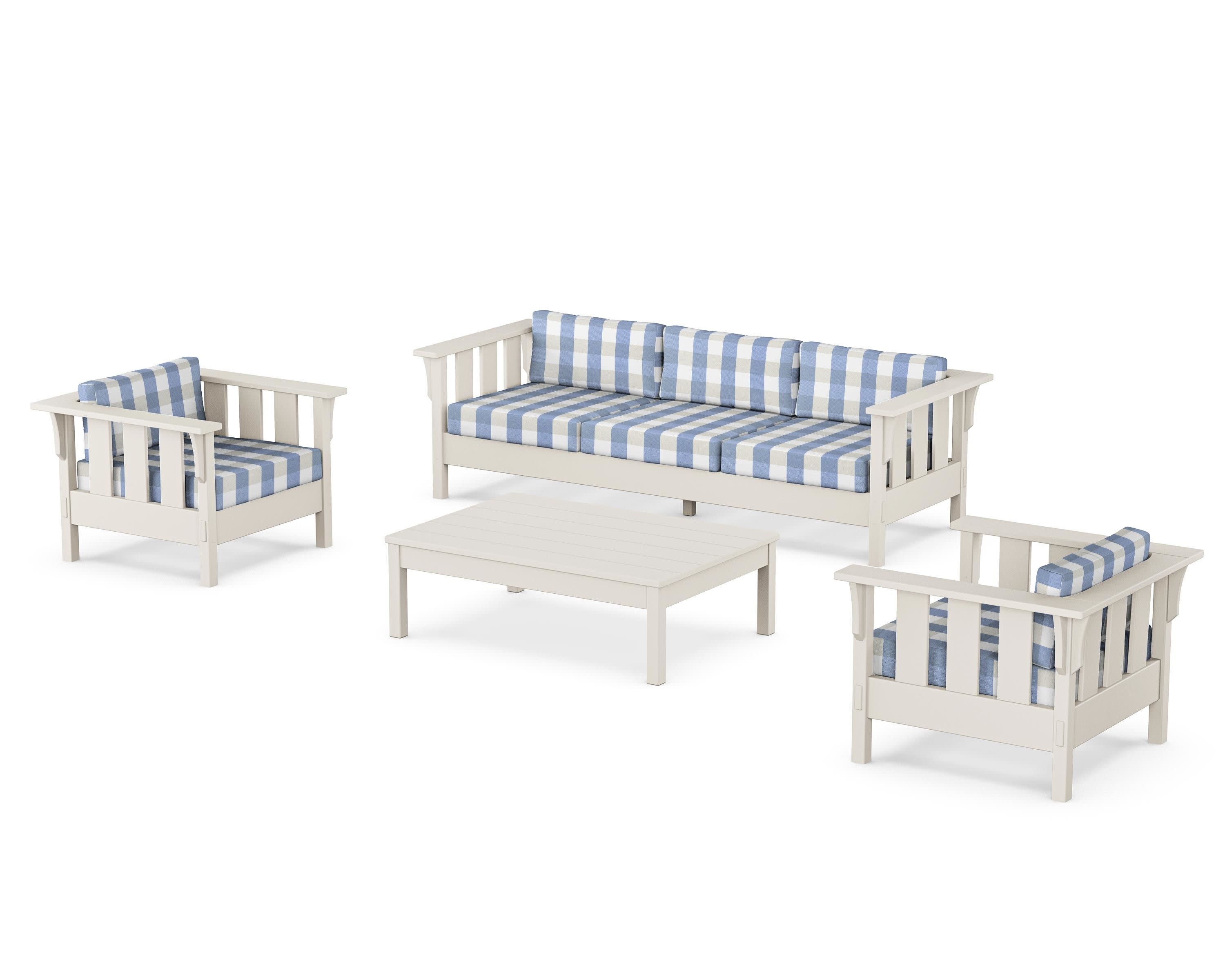 Acadia 4-Piece Deep Seating Set with Sofa in Sand / Buffalo Plaid Sky Blue