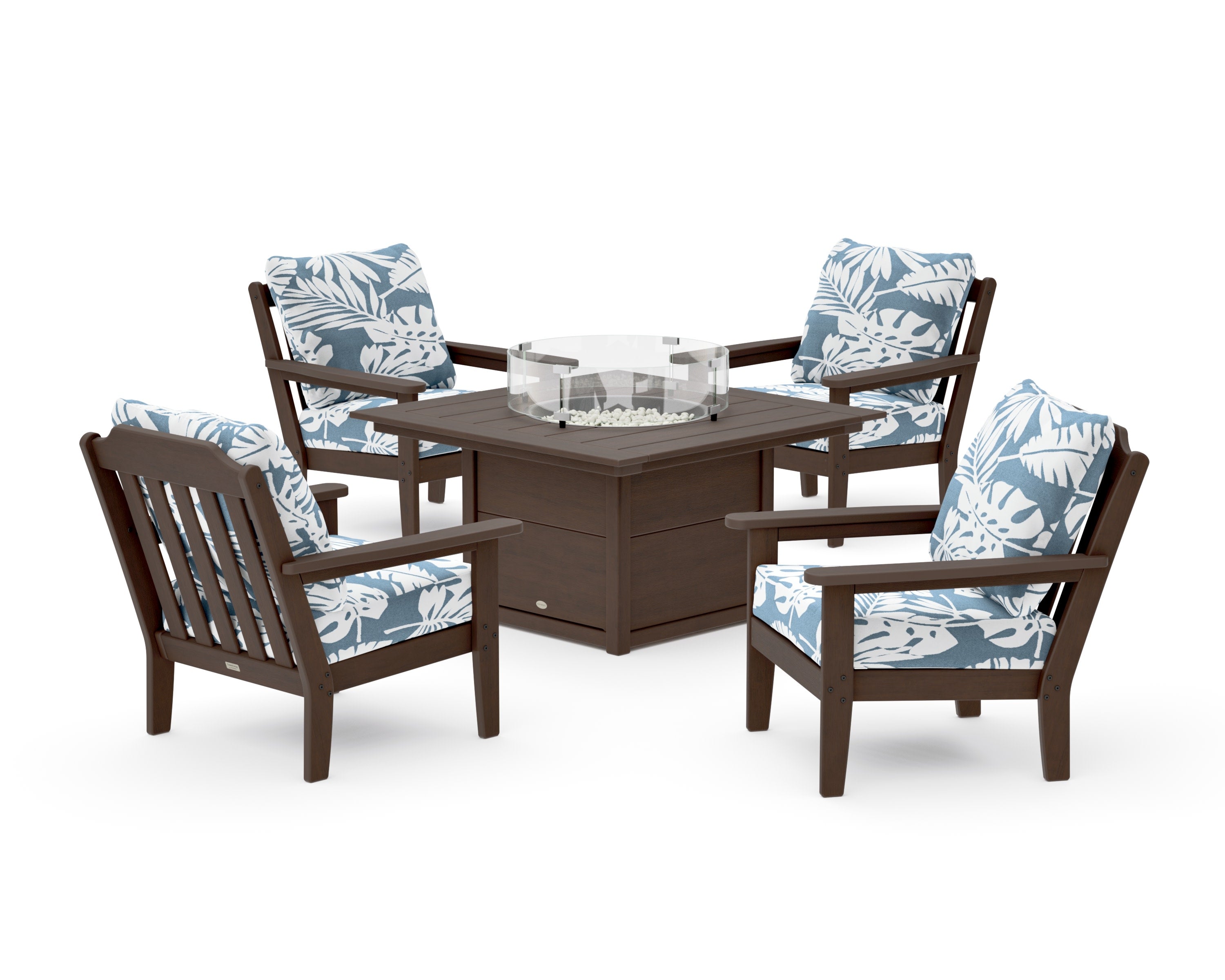 Cottage 5-Piece Deep Seating Set with Fire Pit Table in Kona / Leaf Sky Blue