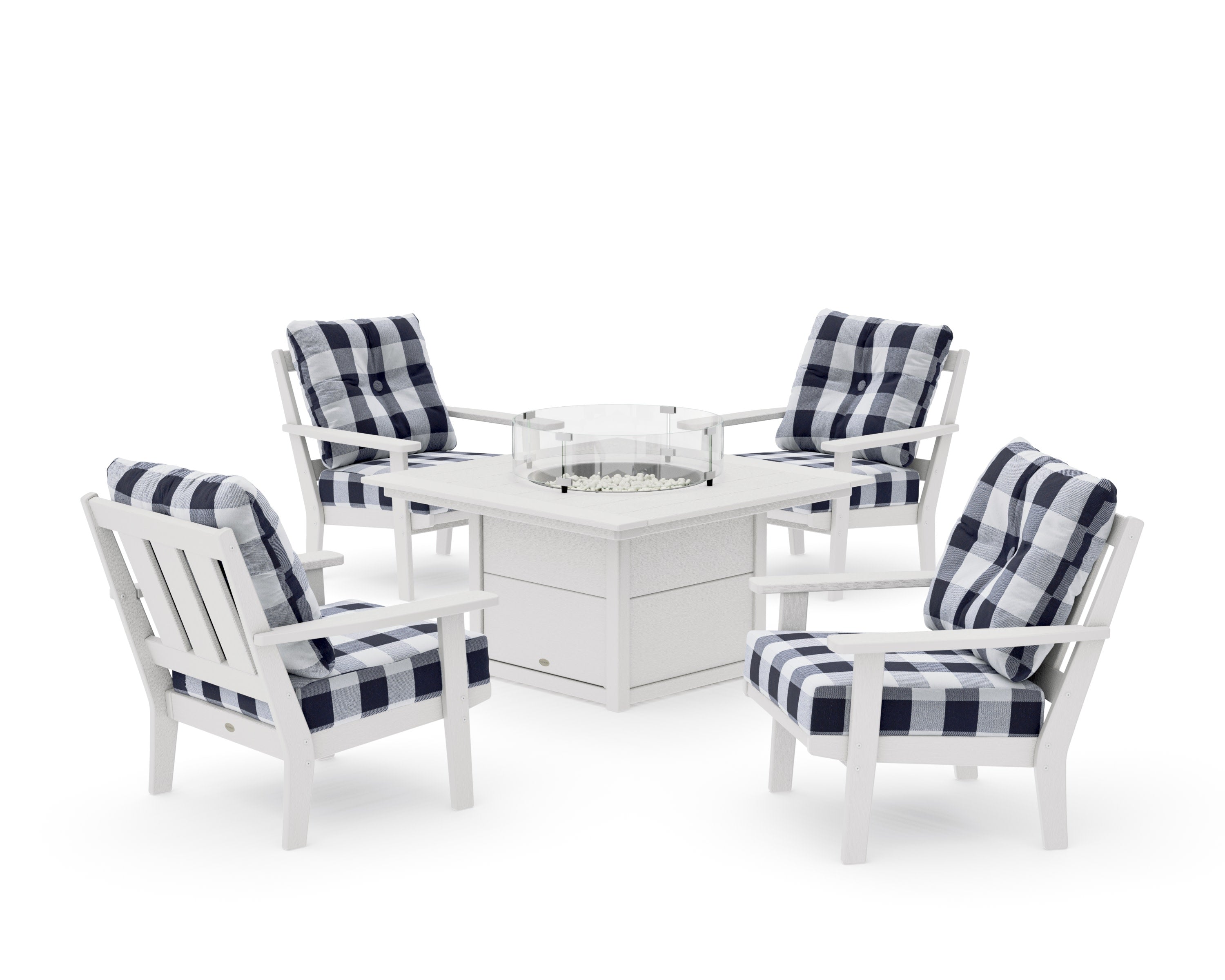 Oxford 5-Piece Deep Seating Set with Fire Pit Table in Vintage White / Buffalo Plaid Navy
